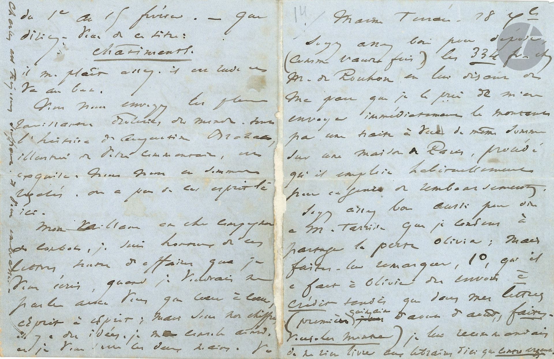 Victor HUGO (1802-1885). L.A.S. « V. », Marine Terrace 18 décembre [1852, à Pierre-Jules Hetzel] ; 4 pages in-12 (trace d’onglet ; portrait joint).

   Sur Les Châtiments. Il évoque d’abord des questions d’argent et un différend avec l’éditeur Tarride… « nous n’avons compté jusqu’à présent qu’après chaque édition. Veuillez, je vous prie, rentrer dans le traité et compter avec M. Tarride le 15 janvier et tous les 15 suivants. Nous pouvons avoir un long avenir ensemble, et très profitable pour lui, et quant à moi, je ne demande pas mieux, mais il faut qu’il exécute bien les conventions. Le nouveau livre est presque fini. Ce qui retarde, c’est le pape. Bah ! Oui, le pape. – Je ne voudrais pas fermer le livre sans le remercier de sacrer l’homme. Or, il y a encore doute. – Si vous faites marcher lestement l’impression, on pourra paraître du 1er au 15 février. – Que diriez-vous de ce titre : Châtiments. Il me plaît assez. Il est rude et va au but ». Il évoque les « ravissantes drôleries » de l’histoire d’Augustine Brohan… « Mon vaillant et cher compagnon de combat, je suis honteux de ces lettres toute d’affaires que je vous écris, quand je voudrais ne parler avec vous que cœur à cœur, esprit à esprit ; mais sous nos chiffres il y a des idées »…

