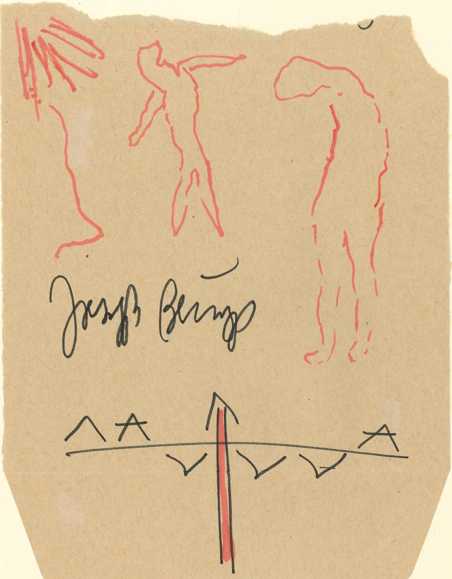 Joseph BEUYS (1921-1986). Sketch with signature; 20.5 x 16.5 cm on a brown paper envelope fragment.

  Silhouettes of men in red felt pen; diagram in black felt pen enhanced with red; signature "Joseph Beuys" in black felt pen.

