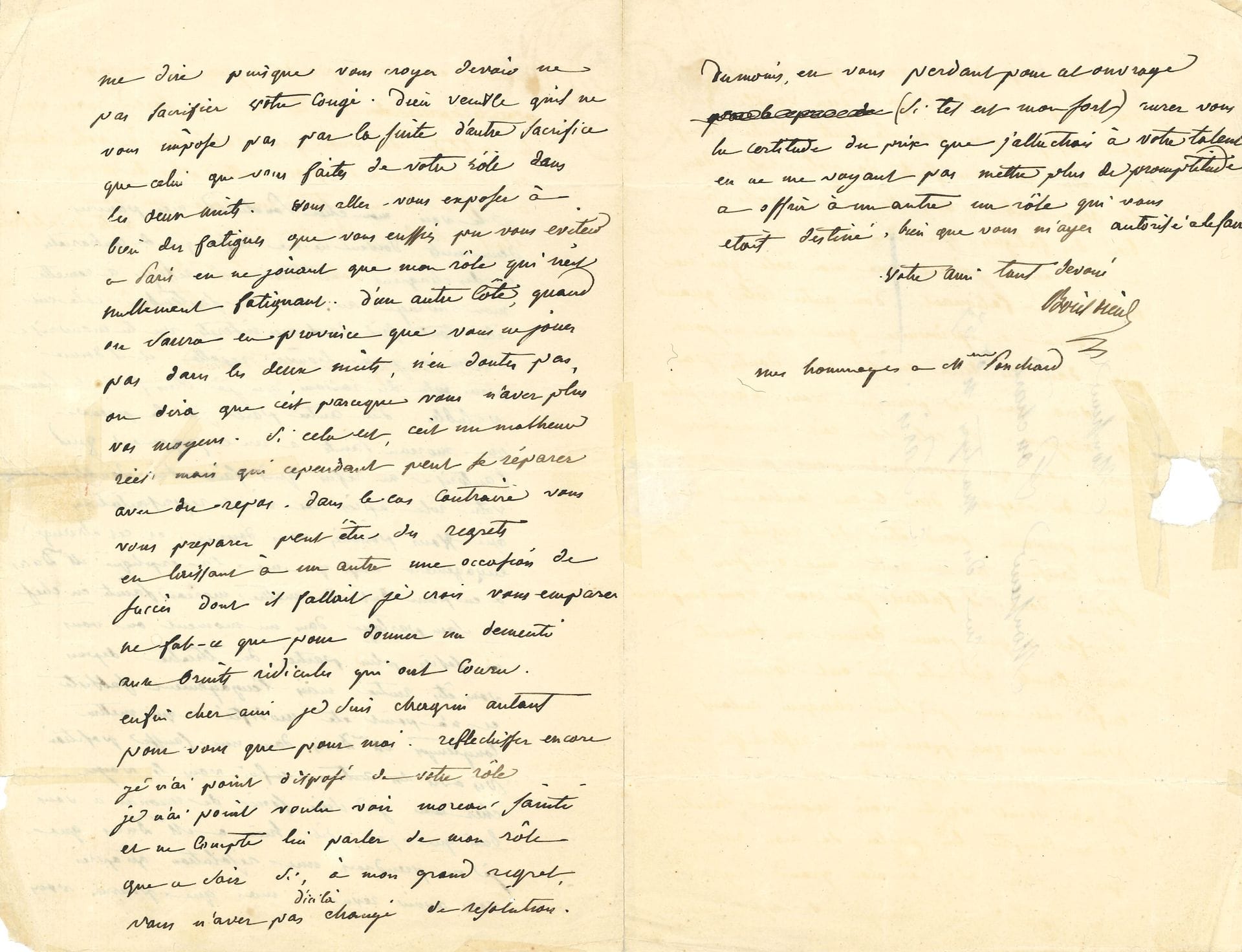 François-Adrien BOIELDIEU (1775-1834). L.A.S., [1829], au chanteur Antoine-Louis Ponchard ; 2 pages et demie in-8, adresse.

   Sur son opéra-comique Les Deux Nuits (qui sera créé le 20 mai 1829 à l’Opéra-Comique, que dirige P.A. Ducis, avec Moreau-Sainti dans le rôle principal, après le refus de Ponchard).
   « Je le vois, […) mes pauvres deux nuits doivent ne me causer que des contrariétés et des chagrins. Mr Ducis se refuse à remettre mon ouvrage au mois de Septembre. Cela eut été tout à fait dans mes intérêts vu la mauvaise saison où je me trouve rejetté, et il donne pour cela des raisons que je suis forçé de trouver valables. D’une autre part j’ai la preuve que Moreau-Sainti a un engagement qui l’autorise au refus qu’il fait de doubler votre rôle après les vingt représentations que vous pouviez nous donner, et cet étrange engagement […] a eu pour but de mettre Moreau-Sainti en chef et sans partage dans un moment où vous ne faisiez plus partie du théâtre. Depuis vous êtes rentré mais l’engagement subsiste et n’a point été modifié ce qui mettra longtemps Mr Ducis dans une fausse position vis à vis des auteurs. Enfin vous le voyez cher ami je suis forçé de renoncer à vous bien que j’aie dit hier à Mr Ducis que je ne prendrais une résolution qu’après vous avoir revu… mais que pourriez-vous me dire puisque vous croyez devoir ne pas sacrifier votre congé. Dieu veuille qu’il ne vous impose pas par la suite d’autre sacrifice que celui que vous faites de votre rôle dans les Deux nuits »… Boieldieu tente de persuader Ponchard que ce refus pourrait nuire à sa carrière… « Enfin cher ami je suis chagrin autant pour vous que pour moi. Réfléchissez encore. Je n’ai point disposé de votre rôle. Je n’ai point voulu voir Moreau-Sainti et ne compte lui parler de mon rôle que ce soir si, à mon grand regret, vous n’avez pas d’ici là changé de résolution »… Il offrira à Ponchard un nouveau rôle digne de son talent…

