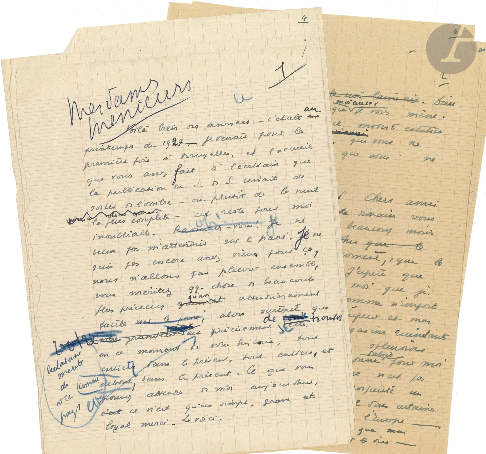 Georges BERNANOS (1888-1948). Autograph manuscript, [La France devant le monde de demain, 1946]; 31 1/2 pages in-4, on lined sheets torn from a schoolboy notebook, paginated 1-5, then 1-28.

  Conference on the world of tomorrow and the dangers of Marxism.
  This manuscript, with corrections and notes for the edition, is that of a conference given in Brussels, at the Grandes Conférences Catholiques on November 23, 1946, under the title La France devant le monde de demain. A note signed by Edmond Limbourg indicates: "This manuscript was offered to me by Madame Georges Bernanos, after the death of her husband, and was given to me by Albert Béguin.
  In a first draft, Bernanos recalls the warm welcome he received in Brussels in 1927, and praises the attitude and faith of the Christians of Belgium: "You had faith, and this faith in yourselves was rewarded because it was also faith in Europe, in the ever-living, inexhaustible resources of Europe, faith in the man of Europe. 
Then he resumed his text and insisted on "the faith of a people that is entirely in the present, of a people that has bet on the present, that has bet on its present luck, and thus forced fortune as it had forced misfortune. For the world of tomorrow, he fears "the frightening solidarity that binds certain complacent victims, too cowardly to defend themselves, to the executioner who resembles them like a brother. [Christian resignation is a virile virtue", but it has become "a kind of dazed indifference to this misfortune, especially to the misfortune of others". Same thing for the hope that "Mr. François Mauriac who wants to destine me sometimes, although rarely, some airs of his elegiac bagpipe, boasted one day to hold by the hand". He reproaches "the illustrious academician" for offering "every day in Figaro his worries to everyone" and for breaking hope. He does not "push people to despair, I would like to tear them by force from a resignation where they feel at ease, because it exempts them from choosing". If he is hard on Mauriac, it is because he thinks that "the tortured author of so many books where carnal despair oozes on every page, like muddy water on the walls of an underground, has more merit in being mistaken than I have in seeing clearly"; but one should not confuse optimism and hope; "hope is a risk to be taken". One should neither resign oneself nor hope in the world of tomorrow, but refuse "a failed civilization, which is by no means a stage in the history of mankind, but a deviation, an error, a dead end path [...] France has been betrayed by its elites, and its intellectual elites have betrayed it even more than the others" and will lead it towards Marxism. France does not see this danger, and votes for mediocre parties that do not announce immediate perils. Hence the success of the M.R.P. Bernanos was called a reactionary; but they are, "by reducing the world to servitude, even by making the world an economic prison [...] Communism does not change the mechanism, it makes it turn by force [...The Marxist intellectuals pretend to realize a mechanical terrestrial Paradise", which for Bernanos is inconceivable; in Russia "the Progress according to Marx has already devoured more men than the progress according to Bentham and besides the two monsters are one". About Marxism "everyone knows that this unique and decisive experience is inspired by a certain conception of the Christian man, since it does not take into account the original sin [...] Marxism denies or neglects what there is of divine in the man". For the Marxist, justice is an economic fatality, poverty a social defect that must be eliminated "like the pox or prostitution". And he concludes: "Europe is ravaged by the totalitarian leprosy [...] Will we let it liquidate Europe, or will we have the courage to liquidate it. Shall we leave the task of organizing the peace of men to a system which, making man a machine, can only give him the peace of machines...".

