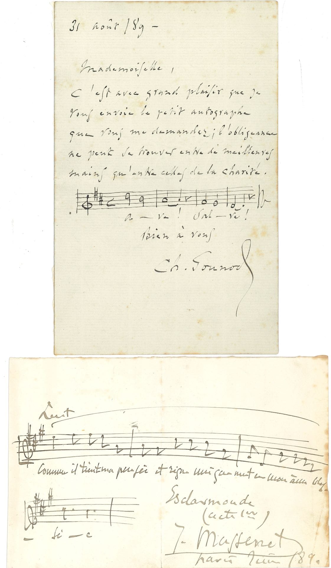 MUSIQUE. 3 P.A.S. musicales et 2 L.A.S. (portraits joints).

   Pages d’album par Charles Gounod (1889), Vincent d’Indy (extrait du Chant de la Cloche), Jules Massenet (extrait d’Esclarmonde). Lettres par Auber et Camille Saint-Saëns.
.
