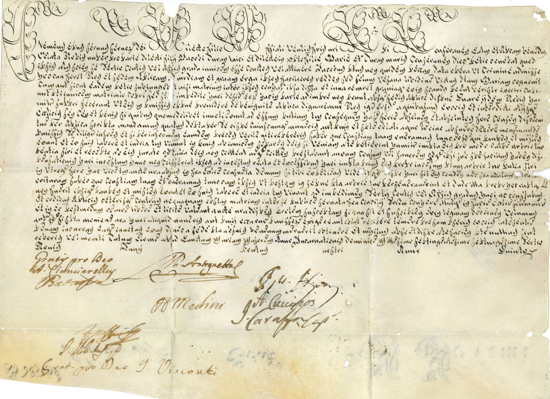 PAPES. Lorenzo Ganganelli, clément xiv (1705-1774) Pape en 1769, il supprima l’ordre des Jésuites et fonda les musées du Vatican. Bulle manuscrite en son nom, Rome à Sainte-Marie-Majeure nones de juin (18 juin) 1773 ; vélin oblong in-fol. (26 x 35,5 cm) avec lettrine et 4 initiales de la première ligne ornées (petits trous aux plis) ; sceau manquant ; en latin.

   Dispense de consanguinité au 3e degré, en faveur du mariage de Jacques Durand et Marie Durand, demeurant au diocèse de Saint-Bertrand de Comminges (département actuel de Haute-Garonne). Signatures de chancellerie.

