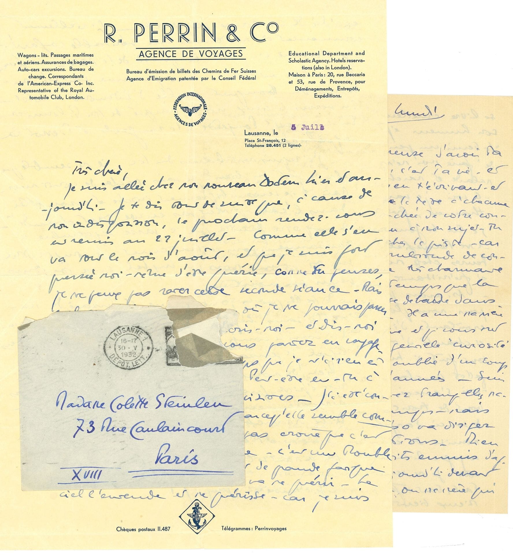 Germaine INGHELBECHT née PERRIN (1892- ?) third wife of the conductor D.-E Inghelbrecht. About 120 L.A.S. "P." or "Pilon", [1922-1932], to Colette Steinlen; about 250 pages various sizes, some envelopes (some letters incomplete).

  Abundant correspondence with Inghelbrecht's first wife.
  [Germaine Perrin, nicknamed Pilon, was very close to Marguerite Steinlen, nicknamed "Biche", and to Colette Steinlen, daughter of the painter, and cousin of Marguerite. She was also the third wife of Désiré-Émile Inghelbrecht (they married in 1941, a year before the remarriage of Colette Steinlen, Inghel's first wife, to Roger Désormière)].
  Long correspondence between two great friends, mainly about their daily life, their friendships, their loves, Inghelbrecht, Désormière, the painter Théophile-Alexandre Steinlen, Marguerite Steinlen, etc.
  "Dear Madam, I am taking advantage of my passage in front of a post office to write you a love letter... you are the most adorable friend in the world, all that I possess of more precious, of inestimable. Good night, see you tomorrow." (May 18, 1924).
  "Inghel is at the beach. We have had two very bad days. He reproached me for having 'changed', and for considering a future without him. He wanted, demanded, that I tell him the bottom of my thoughts. To which I answered that I indeed wished to have a free man in my life - and that I had never thought that we could remain linked eternally - hence the inner cataclysm in him - and all that follows - I am really starting, finally - to be fed up with his narrow-minded nature. It's unfortunate but true. I have a strange feeling inside me, as if I were going towards something else, towards more space - it's curious - In any case, my torture with Inghel is over" (8 August 1932).
His tender relationship with Marguerite Steinlen: "In Lonay: transparent, cold, slightly agitated water [...] found the poor little heart of my lamentable doe. Alas, alas... how I pity her. I feel deep down, as strong as ever, this imperious need to have me to her. The solitude, the rest nothing is good for her, all is despair for her. What to do? If I see her too much, and with too much kindness, I hurt her. If I don't see her I hurt her too. [...]. Your father doesn't seem bad to me. (Friday, July 20).
   
Attached is the crossed correspondence between Germaine Perrin and her father R. Perrin in Lausanne, 1927-1928.