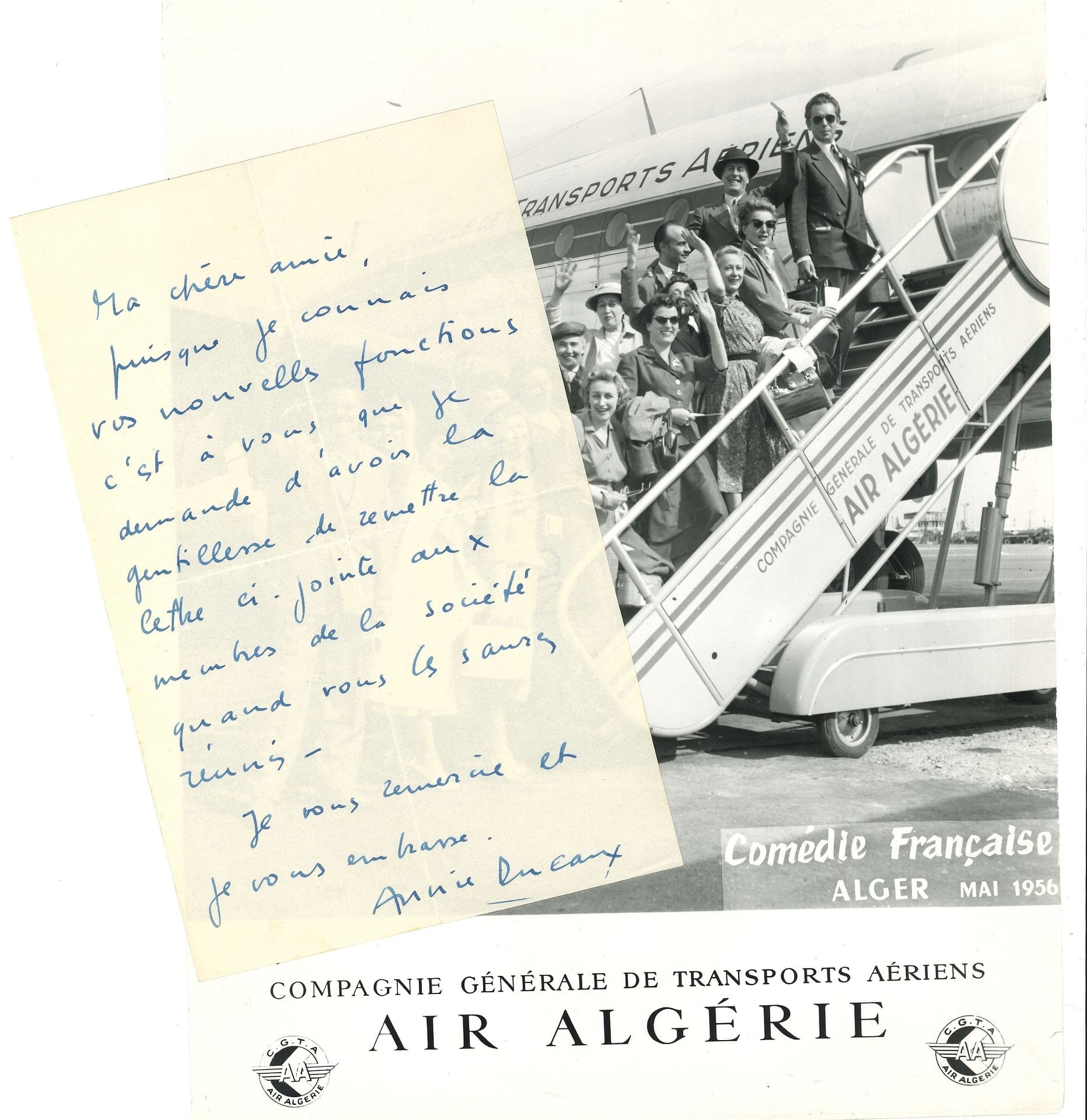 COMÉDIE-FRANÇAISE. Plus de 60 L.A.S. ou cartes adressées à la secrétaire de la Comédie française, Hélène Midoux, dans les années 1950. 

   Annie DUCAUX (1908-1996). 27 lettres et cartes écrites des quatre coins du monde lors de ses tournées; plus 3 photographies prises lors de voyages de la troupe (avec Jacques Charon, Robert Hirsch, etc.)
   Jean MEYER (1914-2003). 18 lettres et cartes (+ 4 de son épouse), la plupart écrites lors de tournées ou de vacances.
   18 autres cartes et lettres : Béatrix DUSSANE (4), Berthe BOVY, Pierre LARQUEY (à Suzanne Bacqué), André OBEY (4), la costumière Lila de NOBILI, etc.

