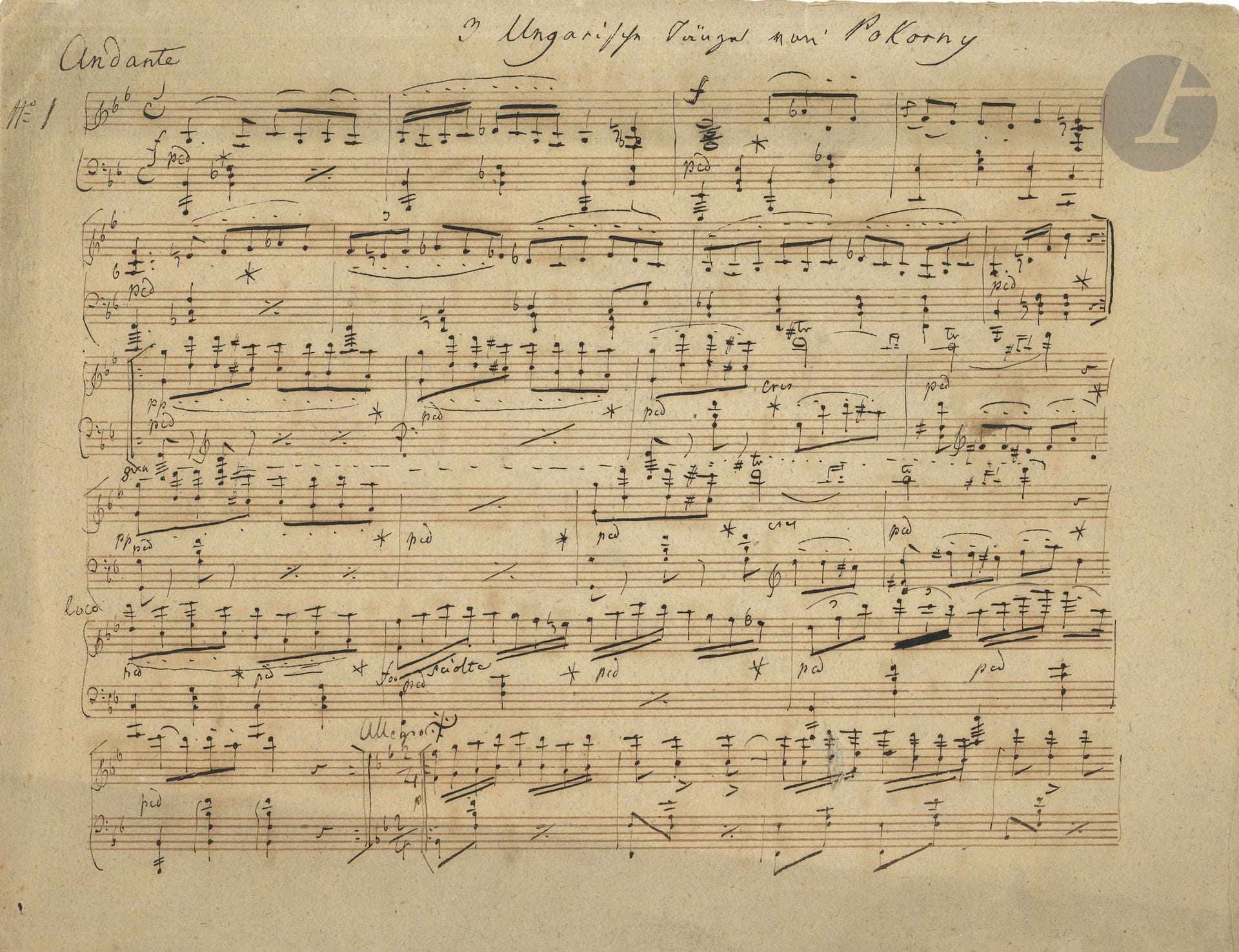 František Xaver POKORNÝ (1729-1794). Manuscrit musical autographe, 3 Ungarische Tänze ; 3 pages oblong in-4.

   Trois danses hongroises pour piano du compositeur et violoniste bohêmien.
   Le manuscrit est noté à l’encre brune sur papier oblong à 12 lignes. Le titre a été ajouté postérieurement d’une autre main. Les pièces sont à 4/4, en si bémol majeur, avec une ritournelle Allegro à 2/4 de 8 mesures qui sera reprise à la fin de chaque pièce.
  N° 1. Andante, à 4/4, 20 mesures (sans les reprises). Puis l’Allegro (8 mesures). N° 2. Lento, 25 mesures. N° 3. Andante, 16 mesures (sans les reprises).
   Le manuscrit provient de la collection du violoniste et compositeur belge Henry Vieuxtemps.


