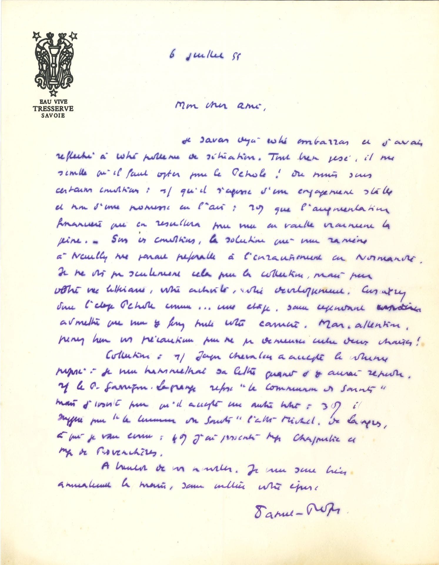 DANIEL-ROPS (1901-1965). 126 L.A.S., Tresserve (Savoie) et Neuilly 1955-1965, à Jean-Marie Paupert ; formats divers, nombreux en-têtes.

   Abondante et très intéressante correspondance à son ami et collaborateur chez Fayard, l’écrivain chrétien Jean-Marie Paupert (1927-2010), qui fut secrétaire général des collections religieuses chez Fayard et directeur de la collection Ce que je sais, ce que je crois. Étalée sur plus de dix ans, cette correspondance témoigne de l’amitié entre les deux hommes, de leurs préoccupations mutuelles sur la religion, et de leur travail éditorial. Daniel-Rops commente longuement les livres de son ami. La correspondance  se termine par une dernière lettre de juillet 1965, quelques jours avant sa mort, survenue le 27 de ce mois, sur ces mots : « Mais mon optimisme demeure intact (sauf en ce qui concerne ma santé, car je suis au plus bas) ».

