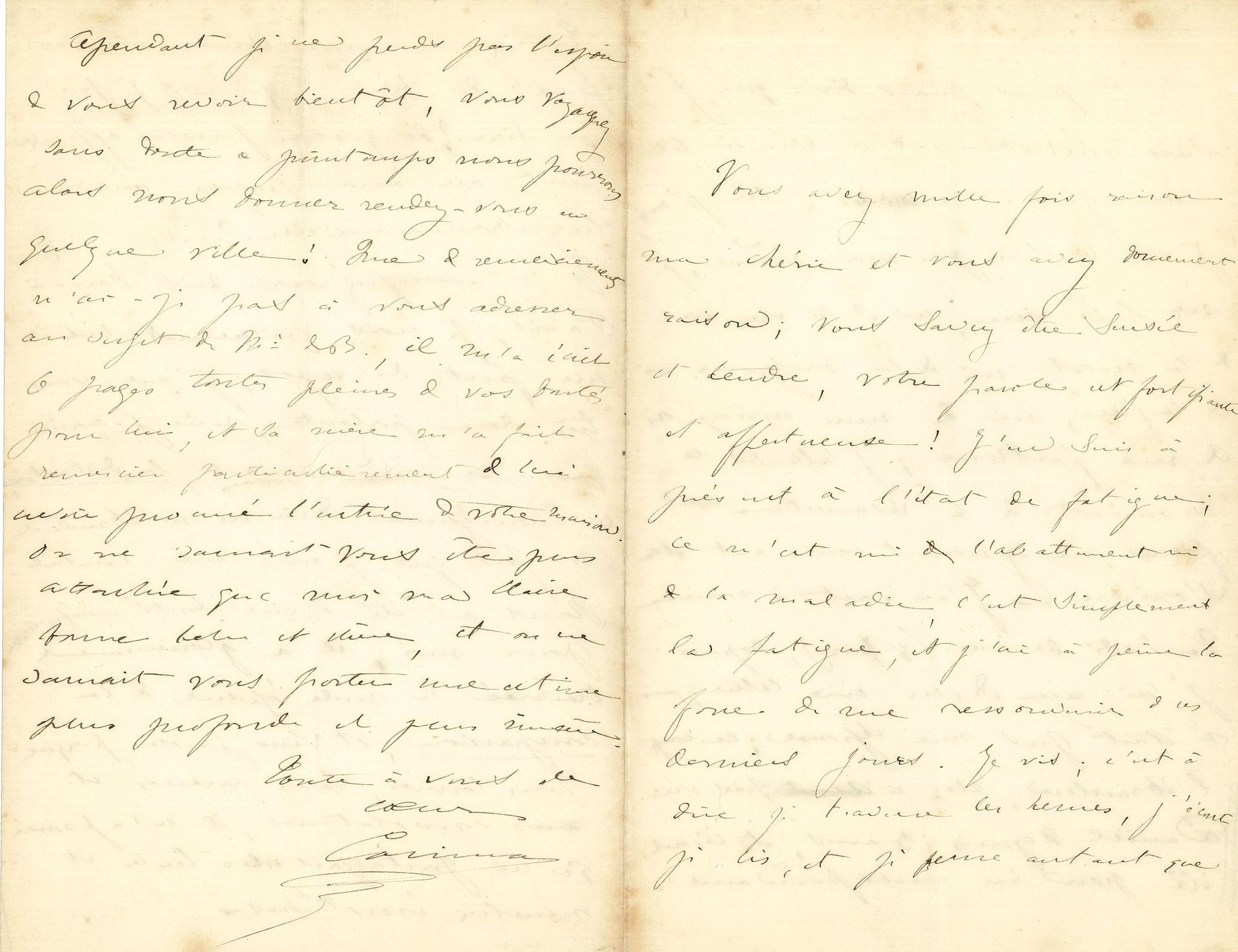 Cosima WAGNER (1837-1930) fille de Liszt et de Marie d’Agoult, femme de Richard Wagner. 3 L.A.S. « Co » et « Cosima », [Paris et Berlin 1859], à sa demi-sœur Claire de Charnacé ; 9 pages et demie in-8 (la 1ère lettre déchirée en petits morceaux et recollée).

Lettres affectueuses à sa demi-sœur, dont deux sur la mort de son frère Daniel Liszt (mort le 13 décembre 1859).
[Paris] Mardi [mars-mai, lors de son séjour parisien avec Hans von Bülow]. « Je vous aime de tout mon cœur et quelque soit la mobilité de nos sentiments vous me trouverez toujours la même, car vos défauts si légers sont rachetés par tant de qualités que rien au monde ne saurait me détacher de vous ». Elle ne veut pas retourner à Londres. « Vous avez eu un tact qui n’appartient qu’à vous en ne parlant pas devant ma mère de l’emprunt que je devais faire pour l’acquisition de la maison, elle m’avait recommandé de n’en dire les détails à personne et vous avez dit juste ce qu’il fallait et pas un mot de plus ; à propos de cette affaire je crois que les amis veulent spéculer à nos dépens et nous nous y refusons »…
[Berlin, vers le 15 décembre 1859]. Elle lui annonce la triste nouvelle : « Il est donc envolé ce pauvre cher Daniel il est parti, pour où ? Je ne le sais ; je ne sais qu’une chose c’est que je l’ai aimé et qu’autant sa mort lui a été douce autant elle m’a été, elle m’est dure, navrante. Il est mort le mardi 13 décembre ; il avait 20 ans ; vous ne l’oublierez pas ma chérie n’est-ce pas, vous continuerez de l’aimer, il faut qu’il y ait corrélation entre les vivants et les trépassés ! […] Que la vie se fait accablante et combien il nous faut de courage pour ne pas envier amèrement ceux qui dorment éternellement ! »…
[Berlin, 24 décembre 1859]. « Vous avez mille fois raison ma chérie […] votre parole est fortifiante et affectueuse ! J’en suis à présent à l’état de fatigue ; ce n’est ni l’abattement ni la maladie, c’est simplement la fatigue, et j’ai à peine la force de me ressouvenir des derniers jours. Je vis ; c’est-à-dire je traverse les heures, j’écoute je lis, et je pense autant que je le puis, mais dire que je suis véritablement à telle ou telle chose je ne saurais. Où je suis je ne le sais pas moi-même ; je ne sais rien, ni de la vie ni de la mort, ni de la souffrance ni de la joie, ni de mon courage ou de ma faiblesse ; j’attends ce moment de la résurrection des forces, en ignorant comment elle s’opérera – J’ai écrit à maman vendredi dernier (8 jours), depuis j’ai reçu d’elle une lettre qui n’était pas une réponse ; ce coup l’ébranlera, elle n’avait pas vu Daniel depuis 9 ans, et ils ont été peu en correspondance ». Elle n’accompagnera pas Hans von Bülow à Paris : « il me faut du repos […] Hans a été d’une bonté indéfinissable pour moi, il a glorieusement traversé la rude épreuve de la compassion, et sans paroles, presque sans larmes, sans caresses et sans consolations, il m’a prouvé qu’il partageait mes tristes et muettes émotions »….
   
On joint une petite L.A. (1 p. in-12), au sujet d’une réclame de journal à montrer à leur mère.