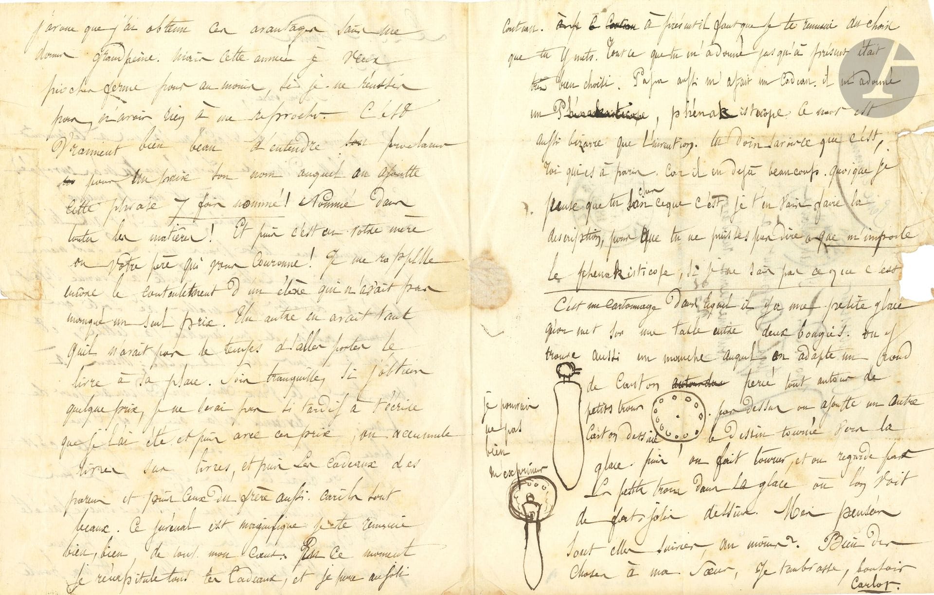 Charles BAUDELAIRE (1821-1867). L.A.S. « Carlos », [Lyon] 23 novembre 1833, à son demi-frère Alphonse Baudelaire, « juge suppléant à Fontainebleau » ; 3 pages in-4, adresse avec cachets postaux.

  Belle lettre de jeunesse à son demi-frère. Baudelaire est alors collégien à Lyon ; il est en cinquième, âgé de douze ans.
   Baudelaire, interne au Collège royal de Lyon, remercie son frère de « la belle édition de Juvénal » qu’il lui a offerte... « à mon tour je te veux faire un cadeau au jour de l’an ; tu devines déjà que c’est une place de 1er ou de second. Tout juste, c’est cela. Je ferai tous mes efforts et je suis sûr que je réussirai, puisque l’année dernière j’ai été second dans toutes les matières et puisque j’ai eu le 4e accessit d’excellence. À ma honte j’avoue que j’ai obtenu ces avantages sans me donner grand peine. Mais cette année je veux piocher ferme pour au moins, si je ne réussis pas, n’avoir rien à me reprocher. C’est vraiment bien beau d’entendre proclamer pour un prix son nom auquel on ajoutte cette phrase 7 fois nommé ! Nommé dans toutes les matières ! Et puis c’est votre mère ou votre père qui vous couronne ! [...] avec ces prix, on accumule livres sur livres, et puis les cadeaux des parens et puis ceux du frère aussi. Car ils sont beaux. Ce Juvénal est magnifique »...
   À l’aide de 3 dessins, il explique le cadeau qu’il a reçu de « Papa » [M. Aupick], un « phénakisticope. Ce mot est aussi bizarre que l’invention. [...] C’est un cartonnage dans lequel il y a une petite glace qu’on met sur une table entre deux bougies. On y trouve aussi un manche auquel on adapte un rond de carton percé tout autour de petits trous. Par dessus on ajoutte un autre carton dessiné, le dessin tourné vers la glace. Puis on fait tourner, et on regarde par les petits trous dans la glace où l’on voit de fort jolis dessins »...
   Correspondance (Pléiade), t. I, p. 21.
   Exposition Baudelaire, Petit Palais 1968 (n° 37).


