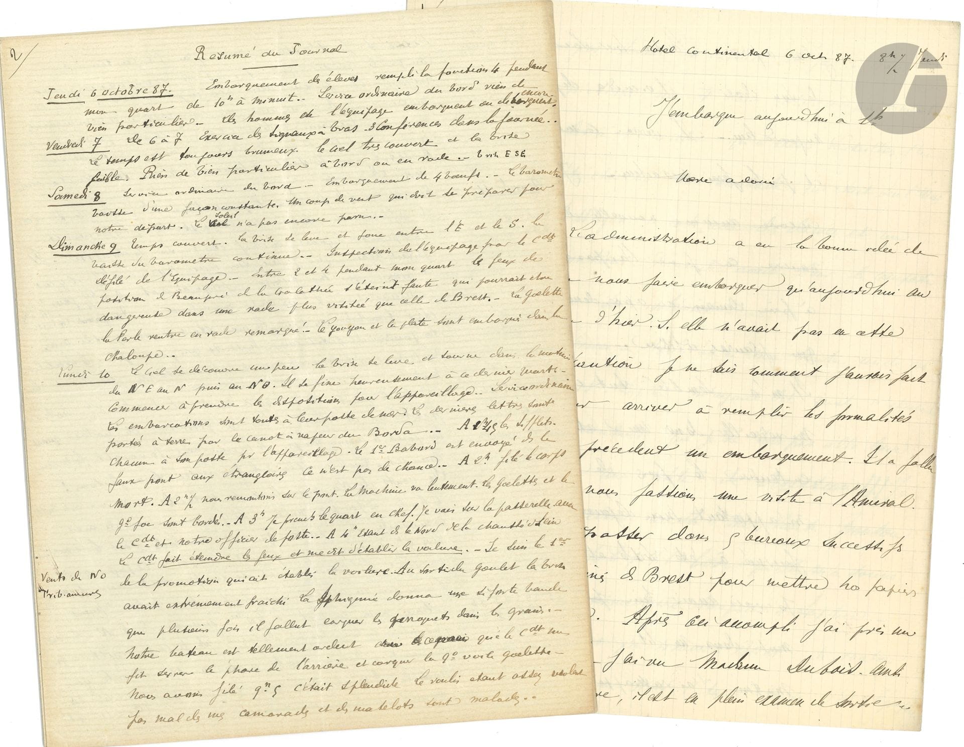 Charles MOUCHEZ (1867-1911) fils de l’amiral, officier de marine, professeur à l’École navale. Manuscrit autographe signé, [Voyage à bord de “l’Iphigénie”], 1887-1888 ; 84 pages in-4

   Récit d’une navigation vers les Canaries, Dakar et les îles du Cap-Vert.
   Relation d’une croisière effectuée à bord de l’Iphigénie entre le 6 octobre 1887 (embarquement à Brest) et le 17 février 1888 (arrivée à Barcelone). Elle est illustrée de 6 dessins dans le texte : Carte de Dakar et Gorée (f. 14), Hamac (f. 16), Pointe d’Europe à Gibraltar (f. 19), Crête à 415 m (id.), Vue générale de Gibraltar (id.), Château San Carlos, à Majorque (f. 20), et une carte hors texte montrant l’itinéraire de Dakar à La Praya, réalisée à l’encre sur papier calque (f. volant).
   Ce récit, rédigé au jour le jour, était destiné à sa famille : les 4 premières pages, envoyées à sa mère, contiennent des détails sur les préparatifs d’embarquement à bord du navire-école d’application, qui appareille le 10 octobre 1887. L’Iphigénie arrive à Vigo (Espagne) le 14 pour y rester jusqu’au 18, passe à proximité du détroit de Gibraltar le 20 et mouille à Las Palmas (Grande Canarie) du 25 au 27 octobre. Mouchez visite la ville et en donne une description. Puis il relate la fête du passage du Tropique, qui a lieu les 31 octobre et 1er novembre. Le navire mouille au large de Dakar le 8 novembre : l’équipage ne peut pas descendre à terre à cause d’un cas de variole et tout ravitaillement est impossible. Le 15, l’Iphigénie appareille pour se diriger vers La Praya (îles du Cap-Vert), où elle mouille le 18. Mouchez se rend trois fois à terre et visite une plantation de canne à sucre. Le 24 novembre, le navire appareille et arrive à Dakar le 2 décembre. L’élève-officier visite le village noir et rend visite au roi de Dakar, puis il achète un poignard et des oiseaux empaillés avant d’effectuer des exercices de canon. Le départ a lieu le 8 décembre ; le 11, l’Iphigénie mouille à proximité de Gorée, puis à l’anse Bernard, près de Dakar, mais reste en quarantaine. Le 18, le navire appareille pour La Praya. Les approvisionnements terminés, il reprend sa route le 23. Un nouveau mouillage a lieu à Gorée le 29 décembre, puis à La Praya du 3 au 11 janvier 1888. Mouchez effectue des observations astronomiques et des exercices à terre ou à bord du navire ; il visite aussi Trinité et l’île aux Cailles. Puis l’Iphigénie entame son voyage de retour : passage à proximité de Ténérife le 20 janvier, mouillage à Gibraltar du 5 au 7 février (avec une description de la ville), puis à Majorque (Baléares) du 10 au 12, et à Minorque, à Port-Mahon, du 13 au 15 ; jusqu’l’arrivée à Barcelone, le 17 février 1888.
   Dans cette relation, la vie à bord est longuement décrite, ainsi que les conditions de navigation. Mouchez précise que les travaux demandés aux élèves-officiers leur laissent peu de temps disponible, et que leurs seuls loisirs sont les visites à terre qu’ils effectuent à tour de rôle. « M. Testot-Ferry, l’officier photographe, nous fait une petite conférence puis fait la photographie de notre poste. Il fera reproduire tous les clichés à Toulon par un photographe et nous pourrons en acheter... Le papier sensible s’abîme rapidement et l’opération prendrait trop de temps à bord... » (23 octobre 1887)… Etc.
   
On joint 2 documents manuscrits (dates de départ des correspondances depuis Paris ; numéro de service actif) et un document autographié (extrait de baptême du passage de la Ligne pour l’aspirant de 2e classe Mouchez).
