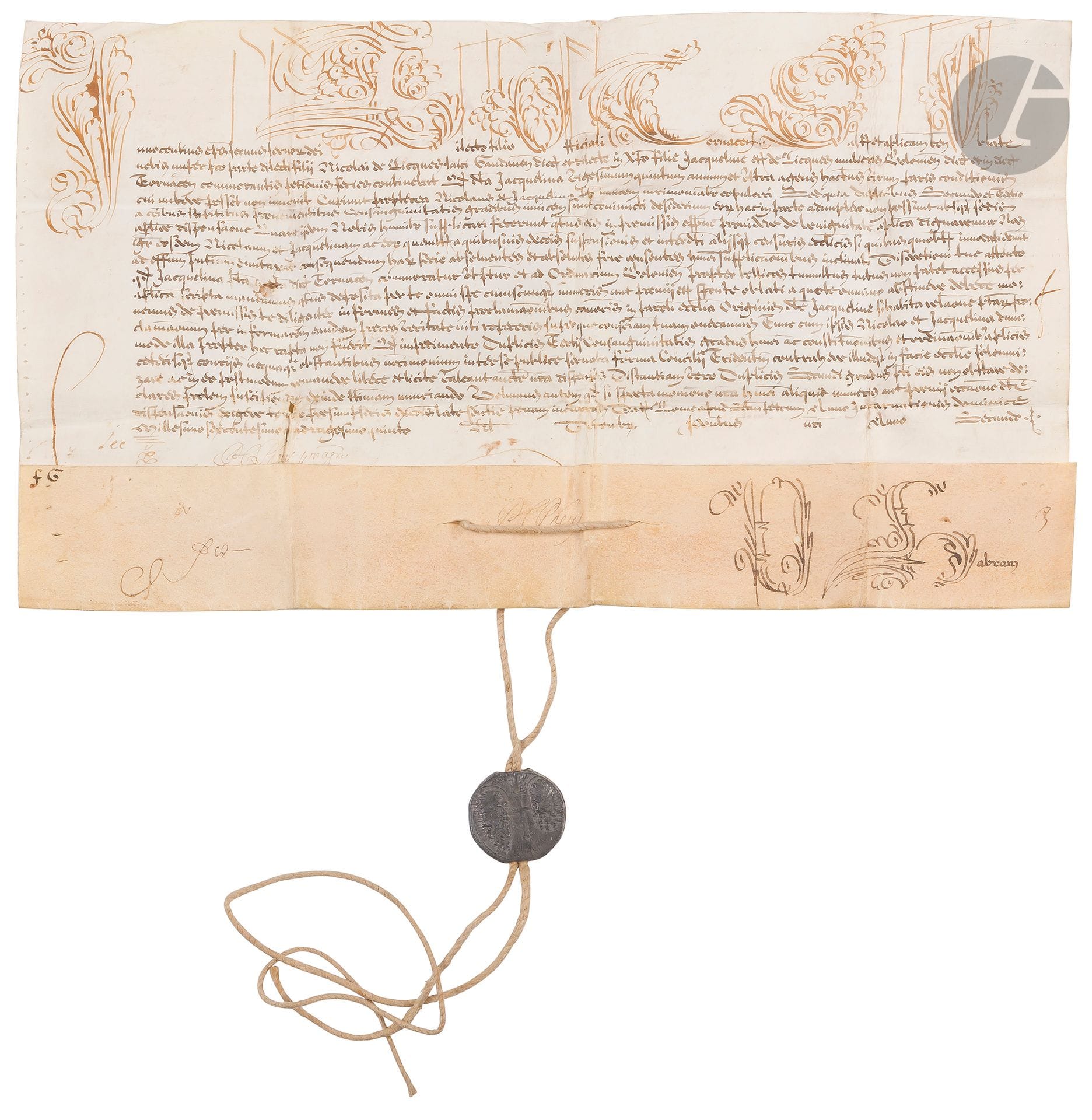 PAPES. Giovanni Battista Pamphili, INnocent x (1574-1655) Pape en 1644. Bulle manuscrite en son nom, Rome à Saint-Pierre 1er décembre 1645, 2e année de son pontificat ; vélin (28,5 x 41 cm) avec lettrine et 5 initiales de la première ligne en grandes lettres ornées, sceau en plomb Innocentius Papa X pendant sur cordelette de chanvre ; en latin.

   Bulle avec son sceau. Dispense de consanguinité en faveur du mariage de Nicolas de Licques, seigneur dudit lieu, du diocèse du Gand, et sa parente Jacqueline de Licques, de Boulogne. Signatures de chancellerie.

