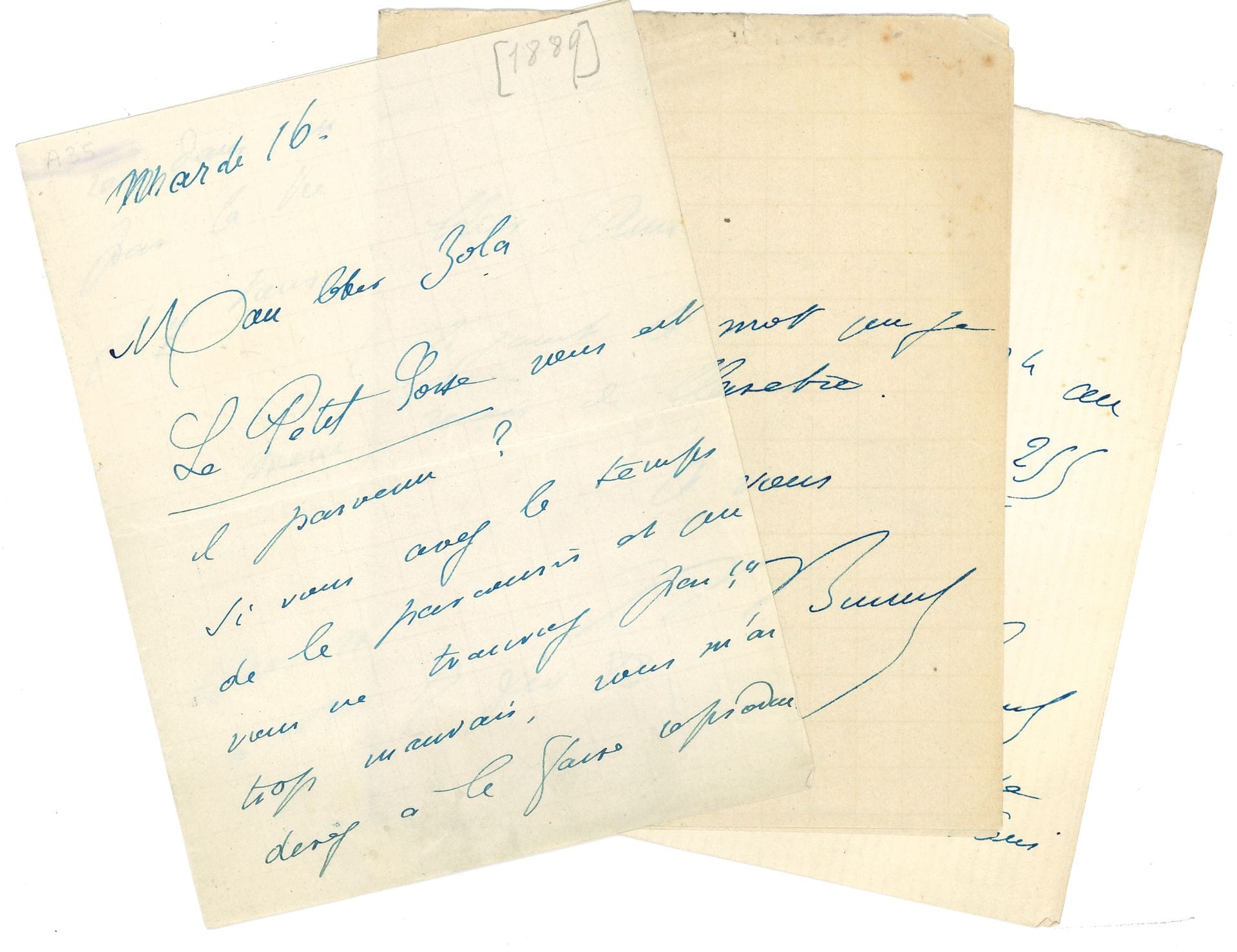 [Émile ZOLA]. 6 L.A.S. to him, 1888-1898; 3 pages in-8 and 5 pages in-12.

  3 L.A.S. from Paul Ginisty (1855-1932). 18 Dec. 1890. Thanks his "Dear Master" for his help and wishes to tell him "how honored and grateful I am for your patronage, granted with such benevolence and good grace"; Jan. 3, 1891 [letterhead of La Vie Populaire]. "La Vie Populaire will begin L'Argent under the conditions agreed upon, within the time you will kindly indicate"...; Jan. 13, 1898 [letterhead Théâtre National de l'Odéon]. He cannot refuse his request in favor of M. Le Marchand "but I do so only in your consideration"... 
 3 L.A.S. from William Busnach (1832-1907), 1888-1889. He forwards a note from Claretie; absent, he asks him to send for him a text attached to the Nouveau Cirque; he sent him his book Le Petit Gosse: "if you have the time to go through it and you don't find it too bad, you will help me to have it reproduced [...] by La Vie Populaire. I want it very much"...

