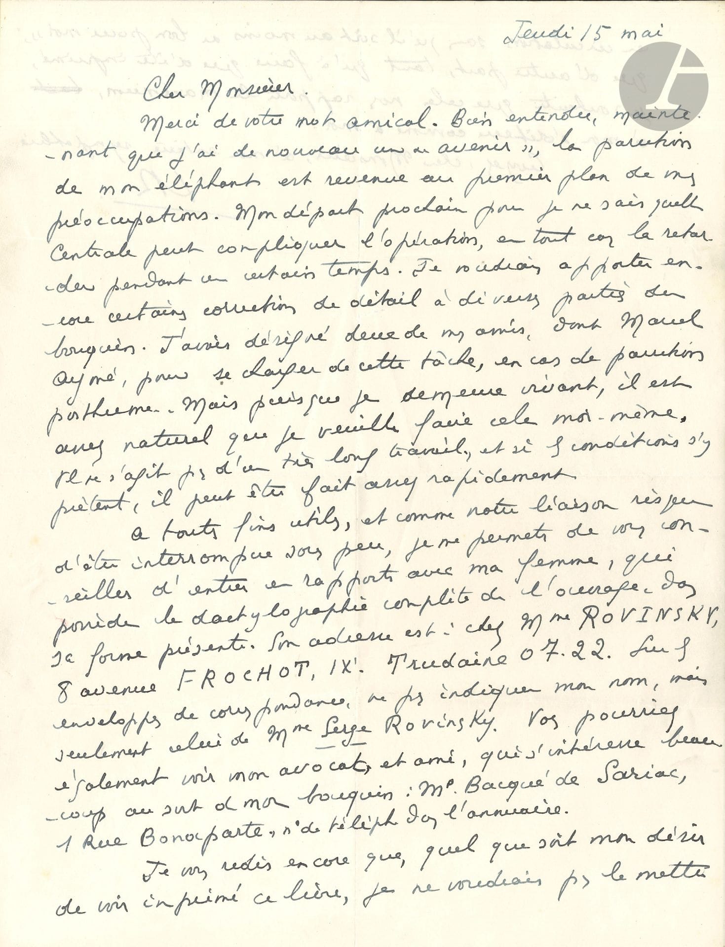 Lucien REBATET (1903-1972). L.A.S. "LR", Thursday, May 15 [1952 ?]; 1 page and a quarter in-4.

  Before his next release from prison. Now that he has "a future again, the publication of my elephant [Les Deux Étendards?] has returned to the forefront of my concerns. But he wants "to make some more corrections in detail to various parts of the book. I had designated two of my friends, including Marcel Aymé, to take on this task, in case of posthumous publication. Being still alive, he wants to take on this task. He invites his correspondent to contact his wife at Mrs. Rovinsky's, and his lawyer Me Bacqué de Sariac...
   
Three books in first edition are attached, bound, with autographs sent to Lucien Rebatet: Marcel Aymé, La Tête des autres (Grasset, 1952), on Alfa (num. S.P. 186): "to Véronique and Lucien Rebatet with my best regards Marcel Aymé"; Marcel Jouhandeau, Théâtre sans spectacle (Grasset, 1957), on Alfa (num. S.P. 173): "Dear Rebattet, hello and to Véronique Marcel Jouhandeau"; Charles Maurras, Devant l'Allemagne éternelle (À l'Étoile, 1937): "To Lucien Rebatet his friend, Ch. Maurras".
