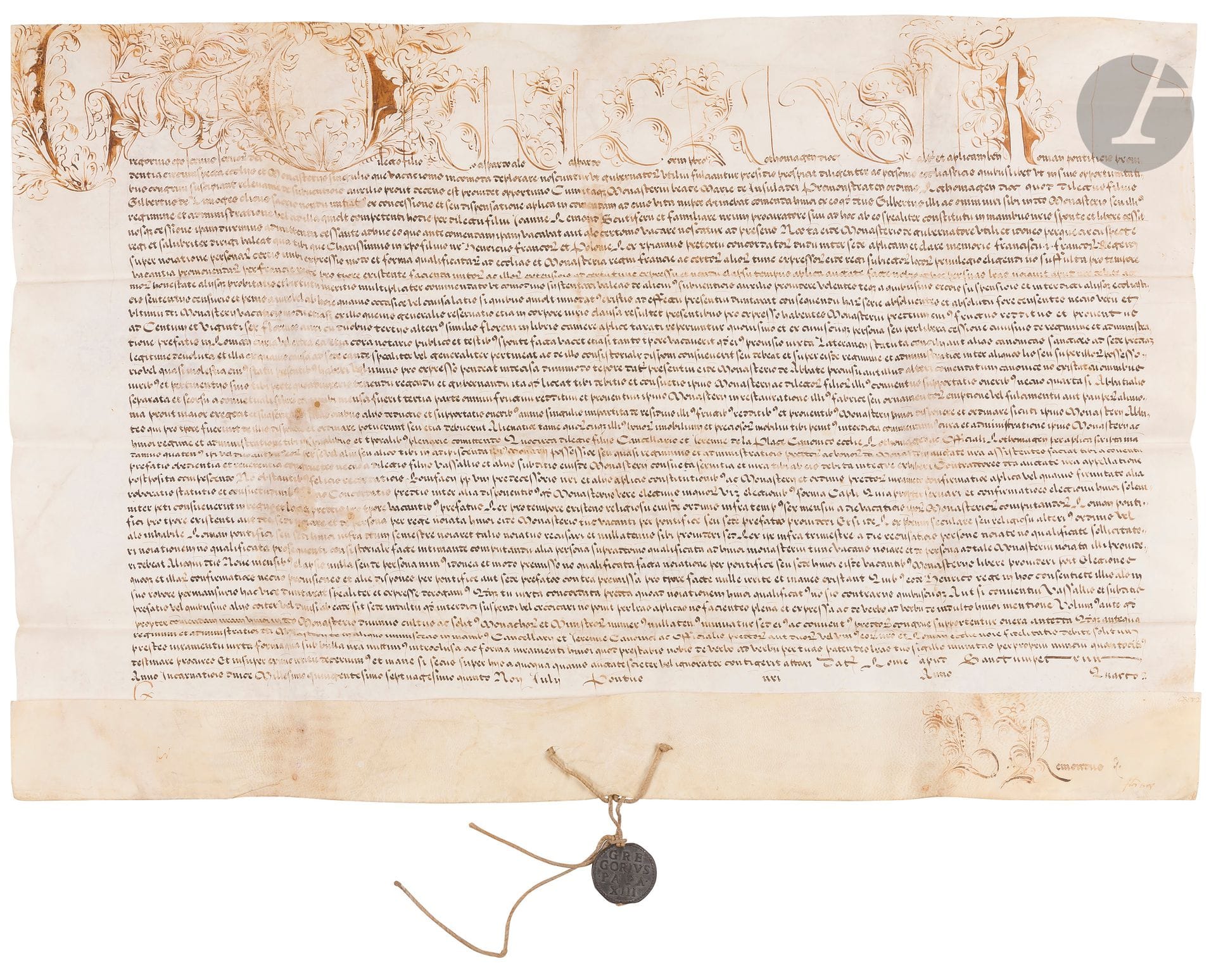 POPE. Ugo Boncompagni, Gregory xiii (1502-1585) Pope in 1572, he instituted the Gregorian calendar. Handwritten bull in his name, Rome at St. Peter's nones de juillet (July 7) 1575, 4th year of his pontificate; vellum in-plano (57 x 73.5 cm), "Gregorius" in large letters with floral ornaments and ornate first line initials, lead seal Gregorius Papa XIII hanging on a hempen cord (2 pale wetnesses at the folds); in Latin.

   Bull with its seal, concerning Gaspard Gorin, priest of Rouen, and the premonstratensian monastery of Sainte-Marie de l'Île Dieu ("Insuladei") of Rouen. The Pope recalls the acts taken by his predecessors and by the King of France concerning this establishment... Chancellery signatures.

