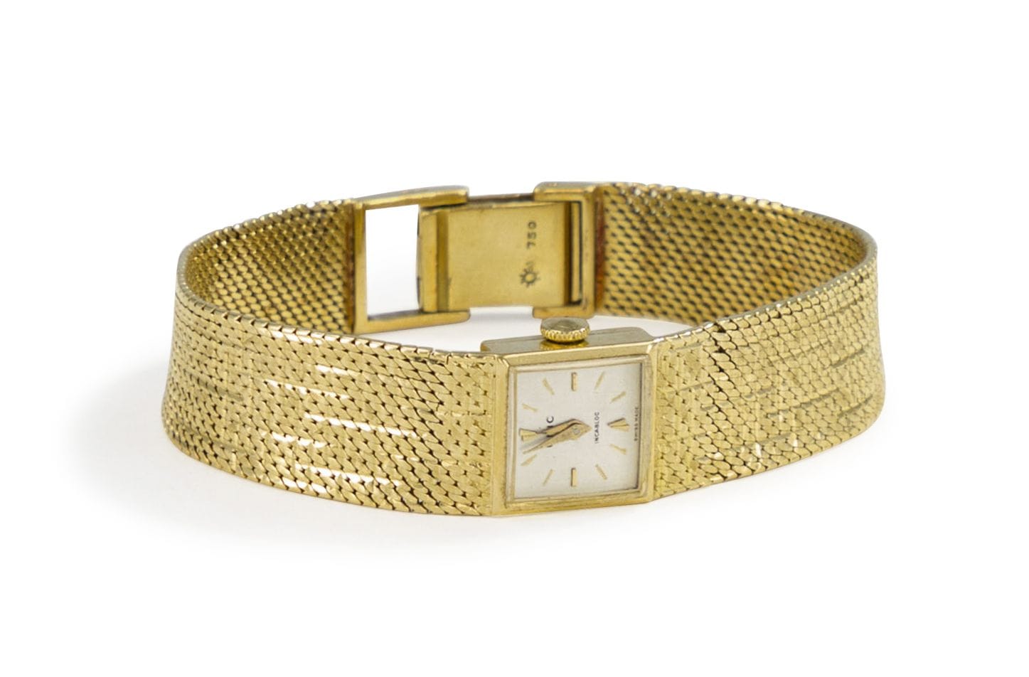 UNIC (INCABLOC)

Montre de dame en or 18K (750), bracelet ruban en or 18K, boîtier carré. Longueur : 17,3 cm environ. Dimensions boîtier : 1,5 x 1,5 cm environ. Poids brut : 43,5 g (rayures)