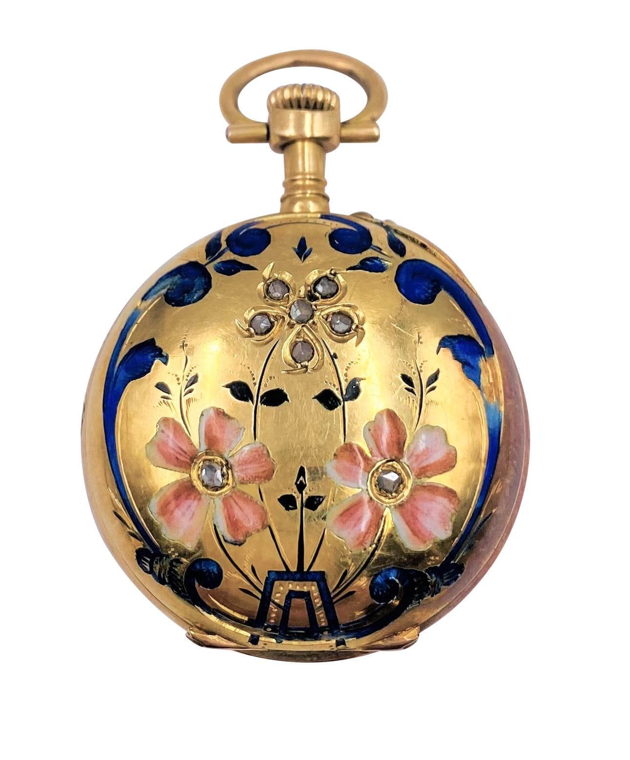 LE COULTRE & Cie 

18K (750) gold collar watch, white enamel dial, enameled floral design set with rose-cut diamonds. Signed and numbered. French regional work before 1919. Diameter: 2.6 cm approximately. Gross weight: 16.8 g (missing)