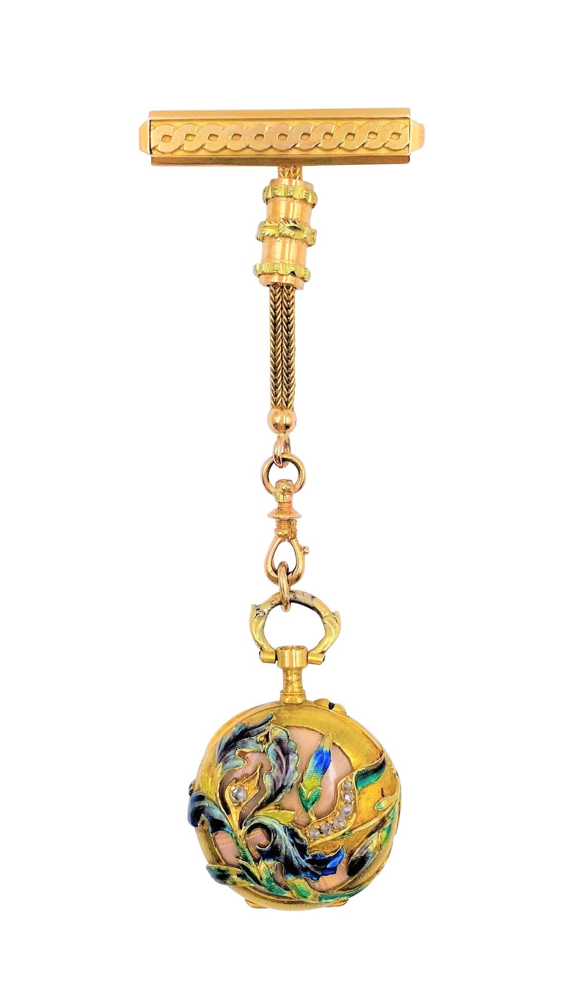LECOULTRE. Vers 1900

N°81073

Montre de col en or 18K (750), boîtier émaillé à décor de fleurs (accidents à l'émail), cadran émail blanc (cheveux), index chiffres arabes formant les heures, mouvement à remontoir, épingle 2 ors 18K.

Mouvement signé.

Poids brut : 23,1 g