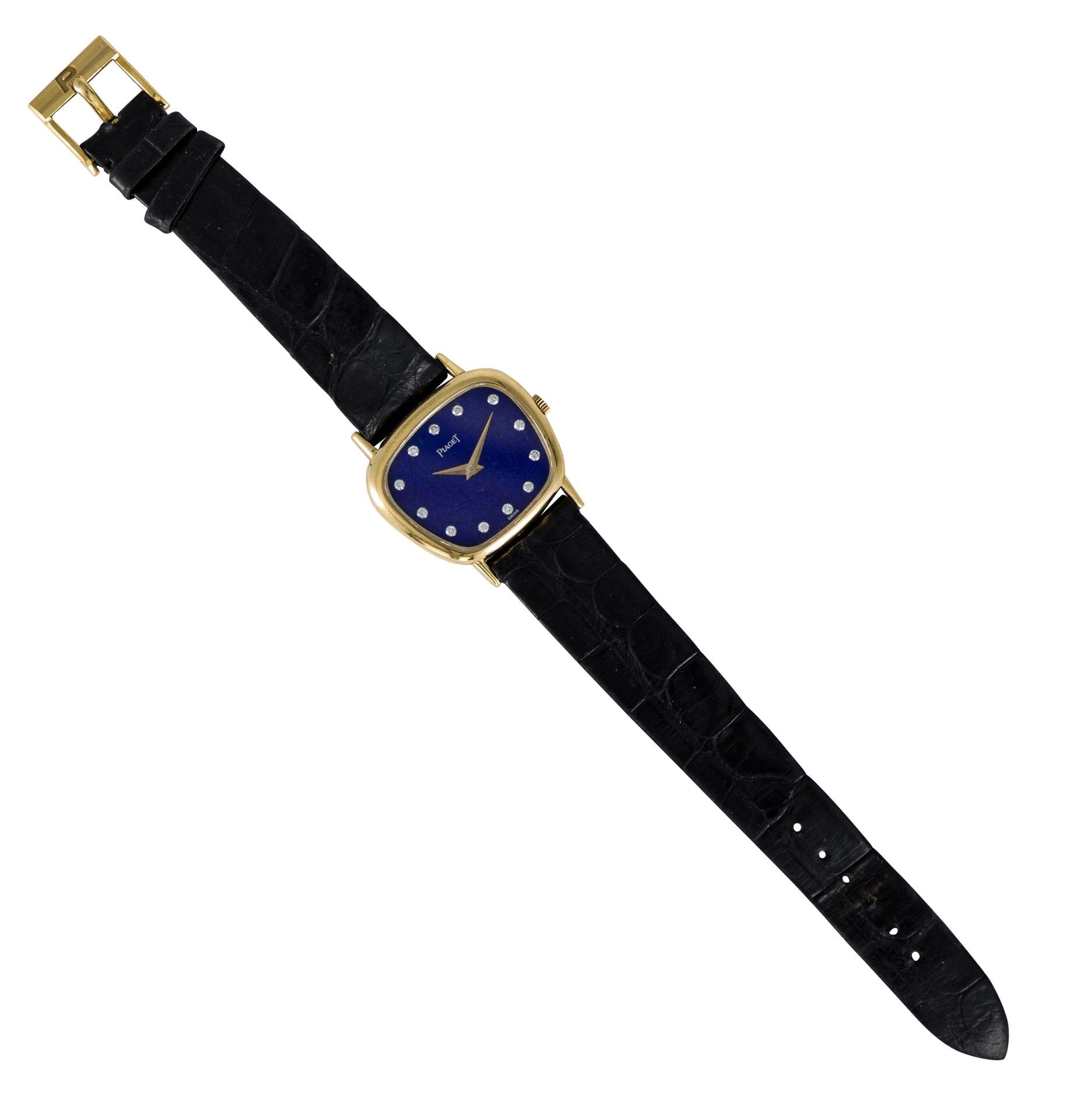 PIAGET Ref 9485 

N° 298168

Ladies' wristwatch in 18K (750) gold, lapis lazuli dial, diamond hour markers, mechanical winding movement (operation to be reviewed), leather strap (worn), gold pin buckle.

Dimensions: 28 mm x 29 mm - Gross weight: 26 g