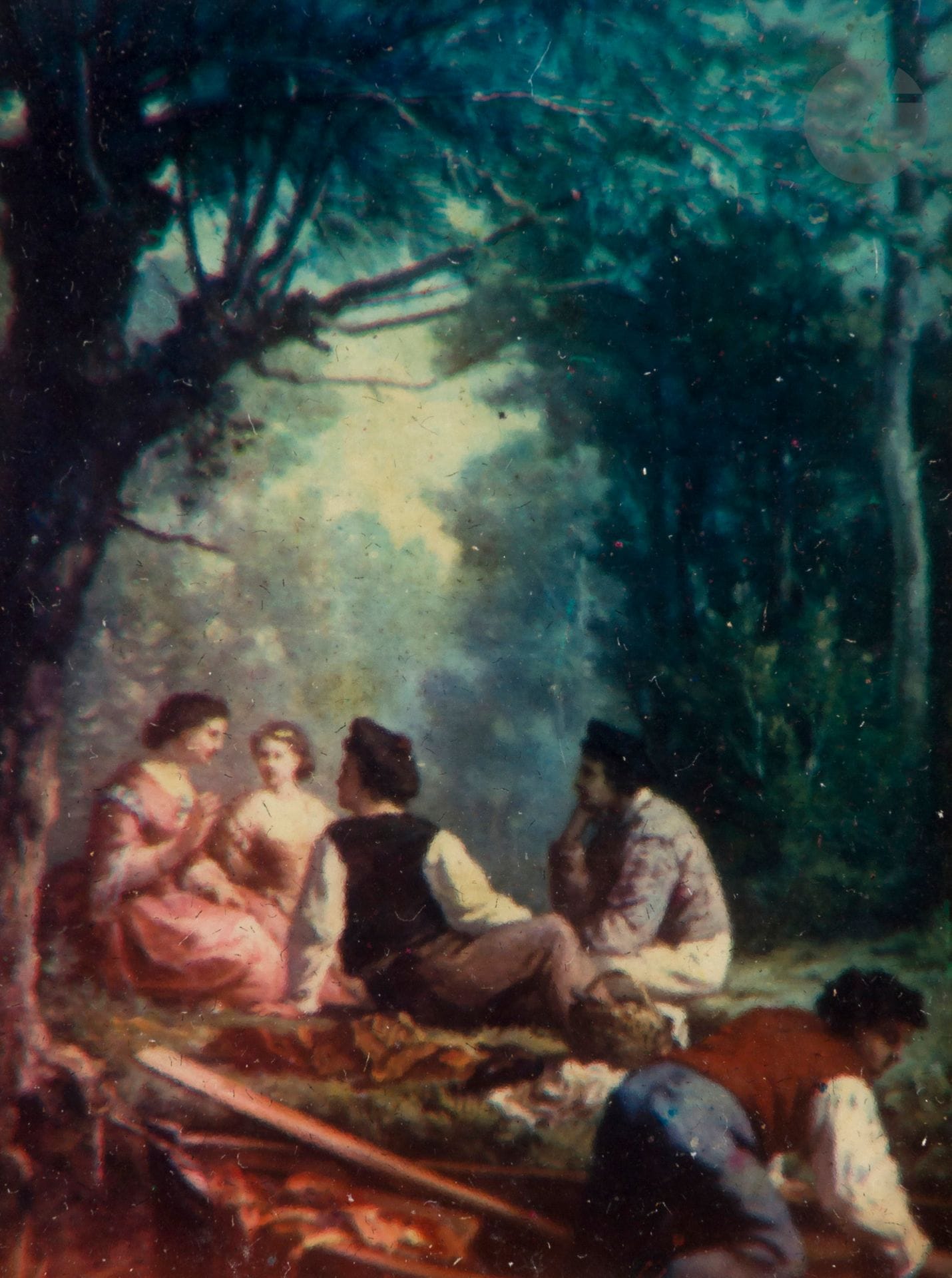 Louis Ducos du Hauron (1837-1920)
Scène galante [reproduction d’une peinture], c. 1880.
Épreuve trichromique (charbon ou photoglyptie) d’époque contrecollée sur carton.
6,6x5,1cm

Provenance : 
Ancienne collection Francis Delvert.