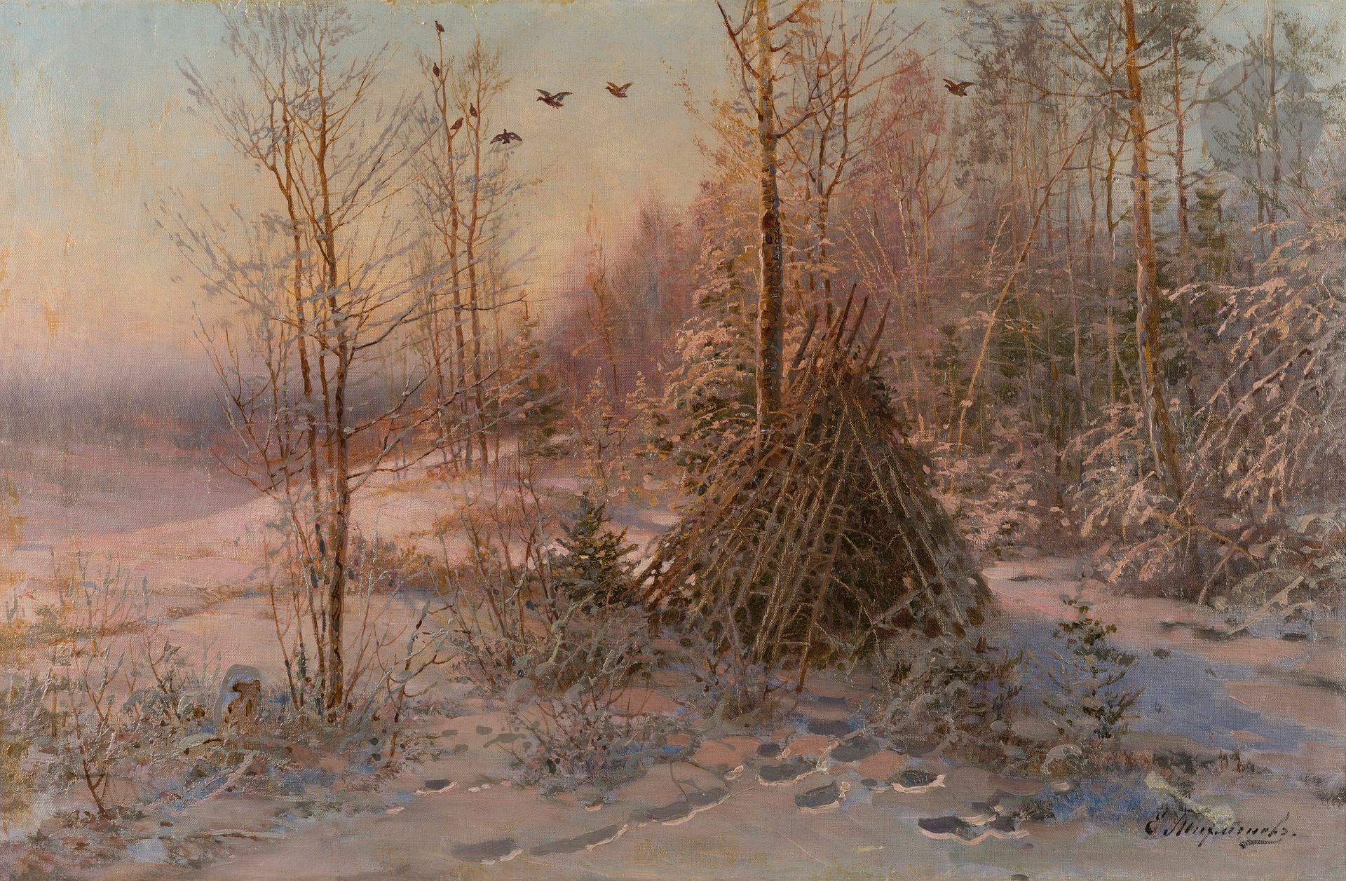 Yevgeny Alexandrovich TIKHMENEV (1869-1934) 
Capercaillie hunting in winter 
Oil on canvas. 
Signed lower right. 
58 x 89 cm

[Russian art]