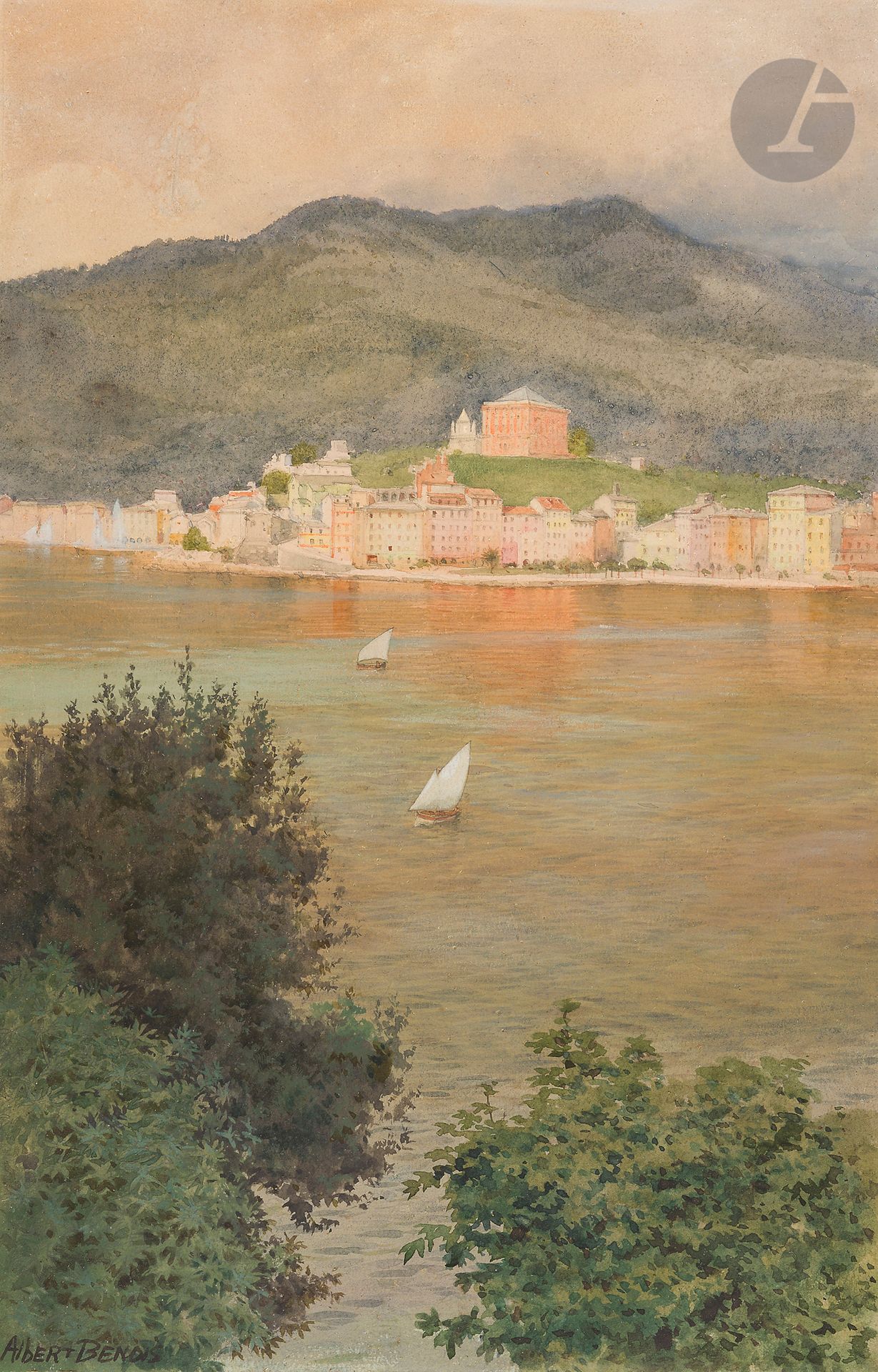 Albert Nikolaïevich BENOIS (1852-1936) 
Baie avec voiliers, 1900 
Aquarelle. 
Signée en bas à gauche.  
Titre et date dans un cartouche sur le cadre. 
48,5 x 31 cm (à vue)

[art russe]
