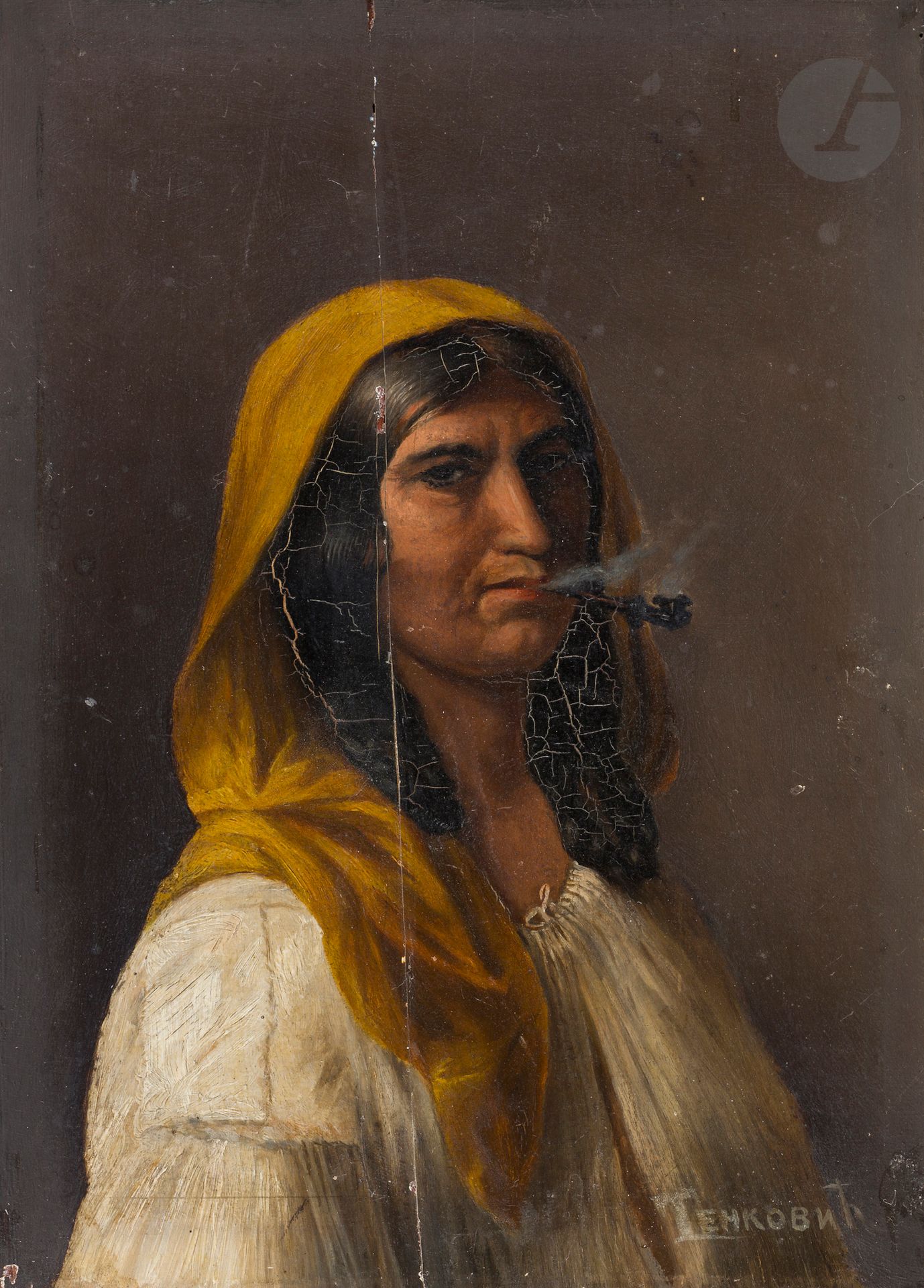 Miloš TENKOVIĆ (1849-1891) 
Portrait de femme fumant la pipe 
Huile sur panneau. 
Signée en bas à droite.  
Au dos, le tampon du fournisseur de matériel de peinture « A. Chramosta / zur Stadt Düsseldorf / Wien Kärtnerstrasse 20 » (A[nton Karl] Chramosta / à la ville de Düsseldorf / 20 rue de Carinthie). 
19 x 14 cm

Tenković a passé un an à Vienne en 1869. Il a pu y acquérir le matériel et peindre ce portrait de Tsigane au début des années 1870.

[art russe]