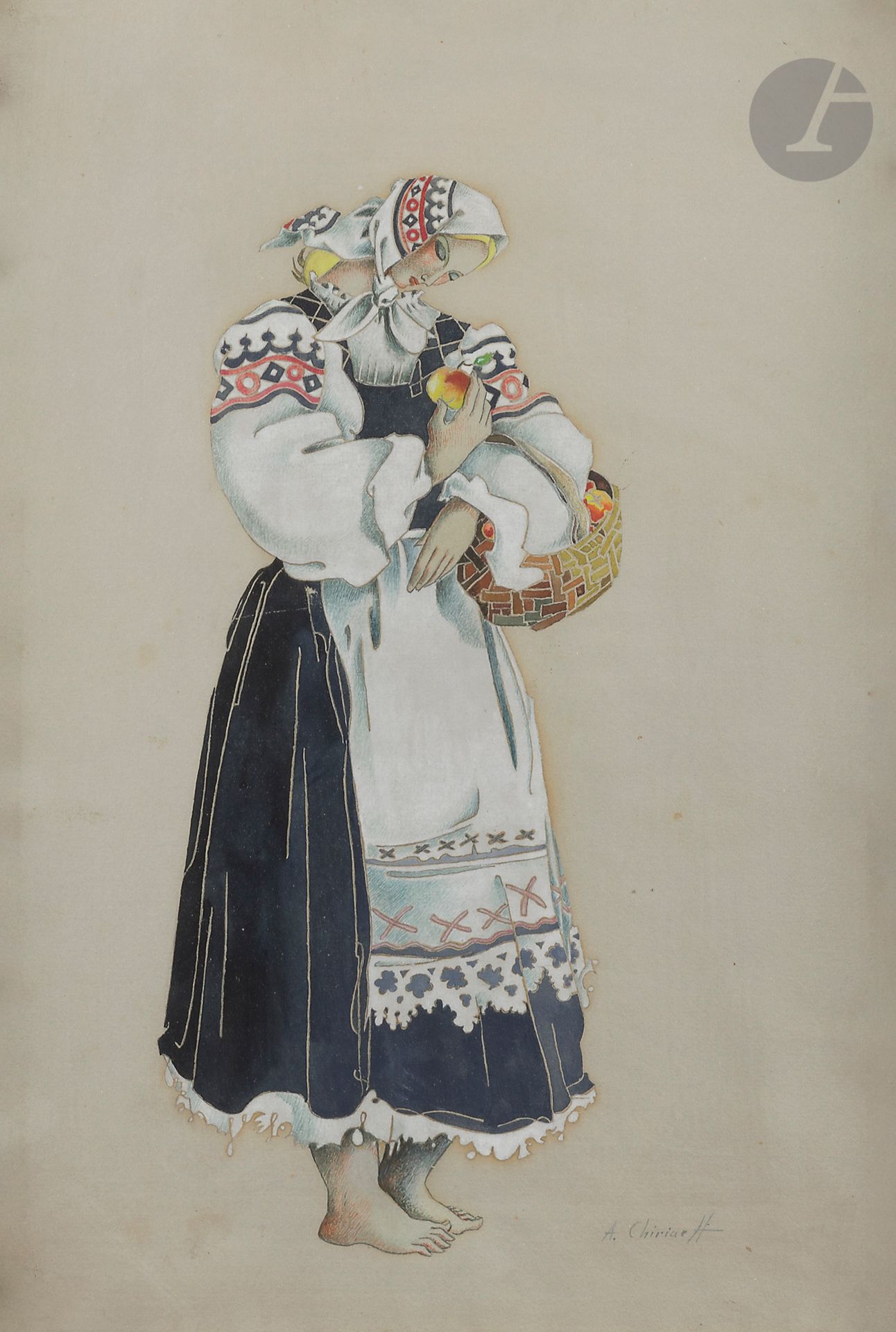 Alexis (Petrovitch) CHIRIAEFF (1913-1999) 
Paysanne aux pommes 
Gouache sur carton. 
Signée en bas sur la droite. 
40 x 27,5 cm

[art russe]