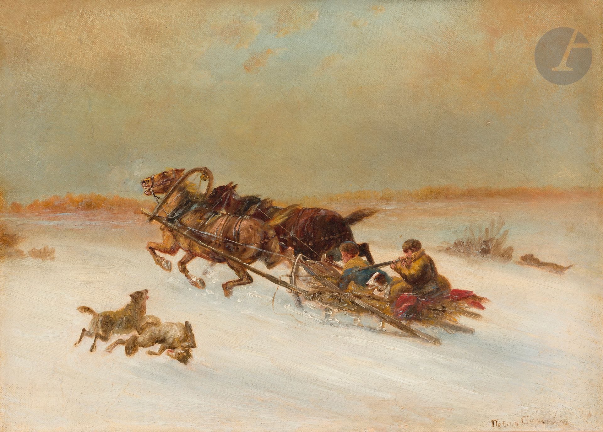Petr Petrovich SOKOLOV (1821-1899) 
Traîneau attaqué par des loups 
Huile sur carton. 
Signée en bas à droite. 
22 x 30 cm

[art russe]
