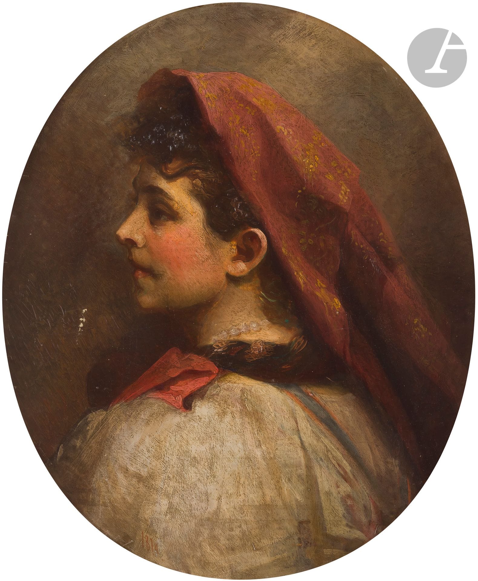 Viktor Alexeyevich BOBROV (1842-1918) 
Young woman in profile, bust, 1872 
Oil on oval canvas. 
Dated lower left. Signed on the back. 
58 x 49 cm 
(Small lacks of material towards the left).

[Russian art]