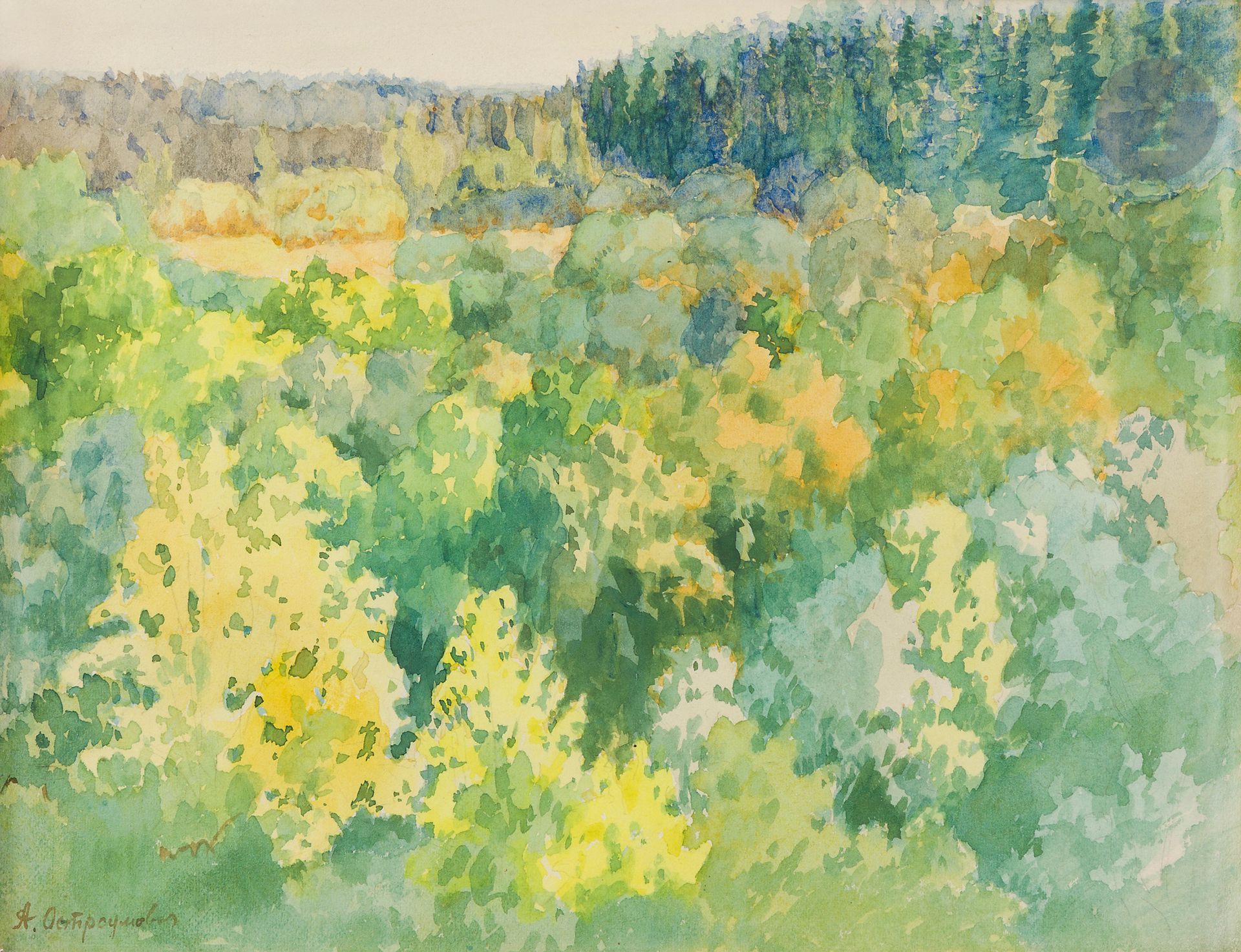 Anna Petrovna OSTROUMOVA-LEBEDEVA (1871-1955) 
Paysage boisé. 
Aquarelle. 
Signée en bas à gauche. 
20 x 26 cm

[art russe]