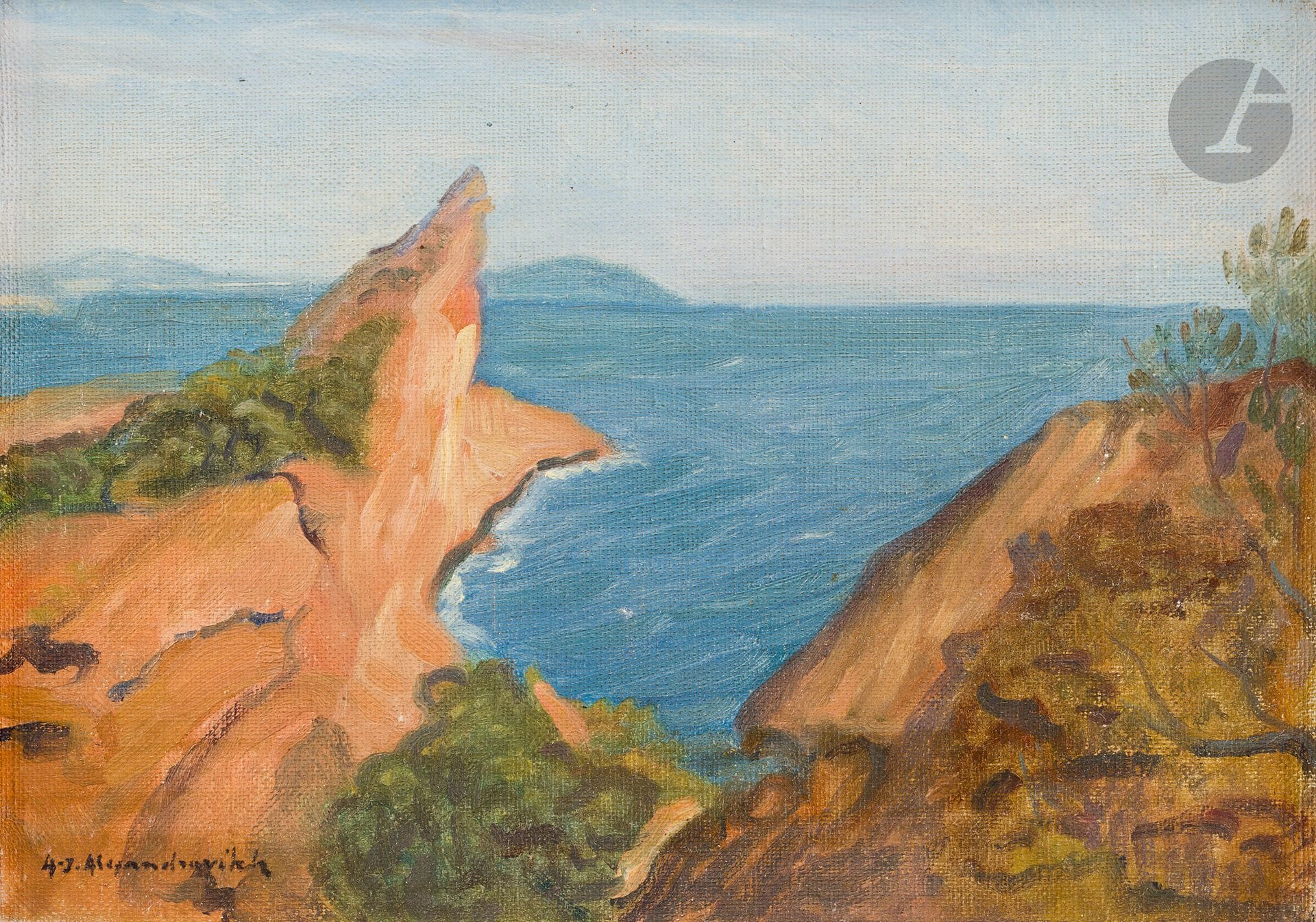 Alexandre Iossifovitch ALEXANDROVITCH (1873-1949) 
Vues de la côte de la Méditerranée en Provence 
Deux (2) huiles sur toile. 
Signées en bas à droite pour l’une et à gauche pour l’autre. 
19,3 x 27,5 cm (chaque)

[art russe]