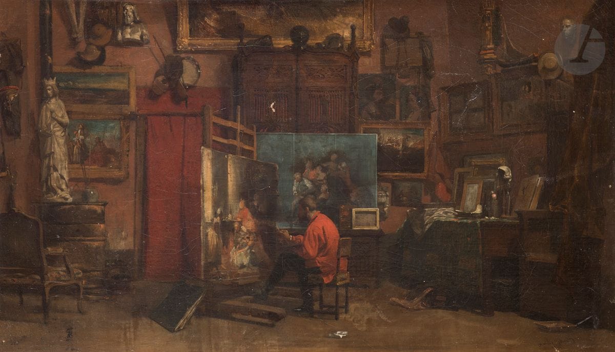 Sébastien Charles GIRAUD (Paris 1819 - Sannois 1892)
L’Atelier de l’artiste
Toile
Signée et datée en bas à droite « Charles Giraud / 1842 »
33 x 56,5 cm

Exposition :
Probablement Salon de 1849, n° 900 (Intérieur).
Certains éléments de cet atelier se retrouve dans le tableau Souvenir d’atelier, 1853, conservé à Compiègne.
