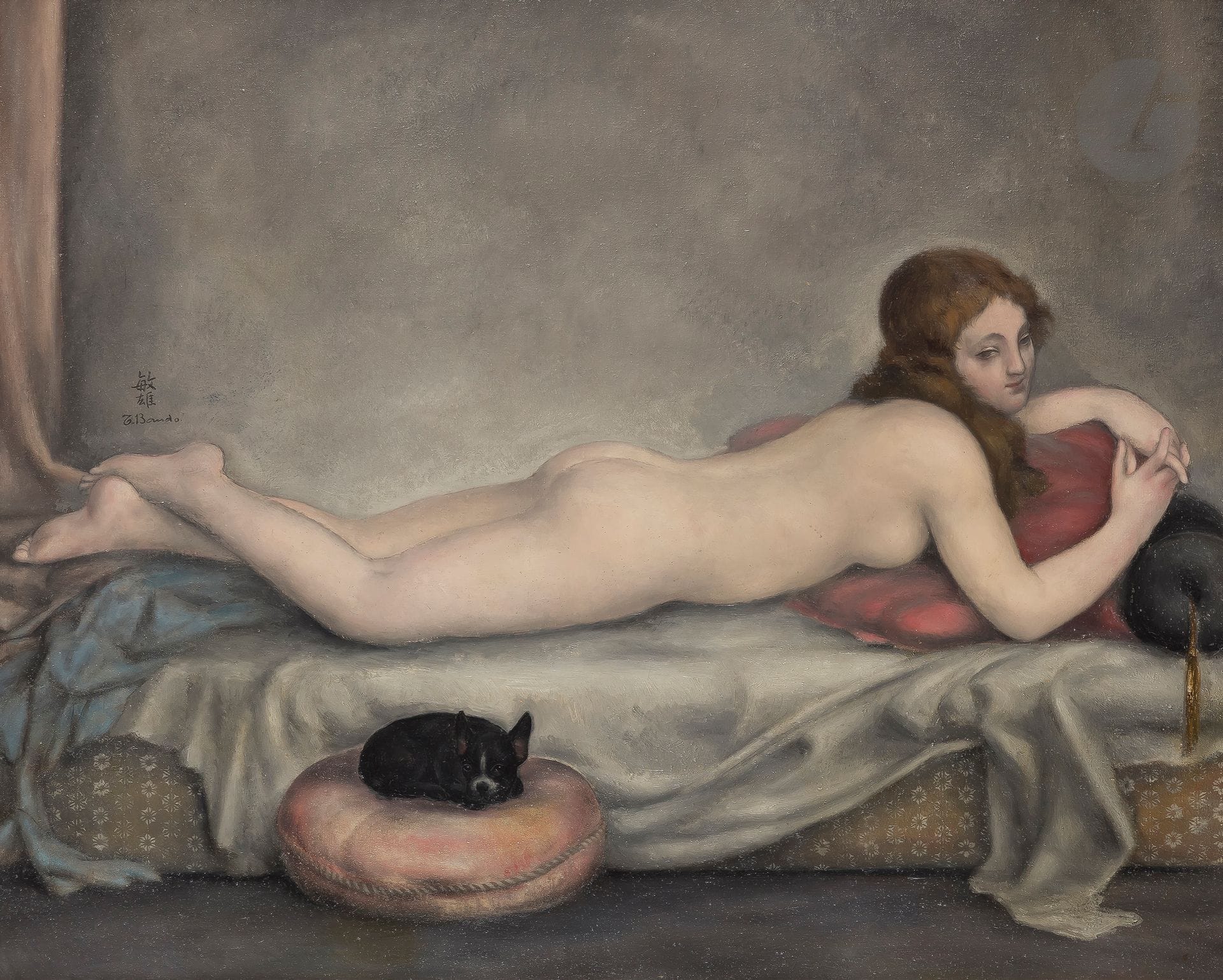 Toshio BANDO (1895-1973)
Grande odalisque au chien, vers 1924
Huile sur toile.
Signée sur la gauche.
60 x 73 cm

Provenance :
- Collection particulière, Genève.
- Galerie Boutersky, Louvre des Antiquaires, Paris.
- Collection particulière, Italie.