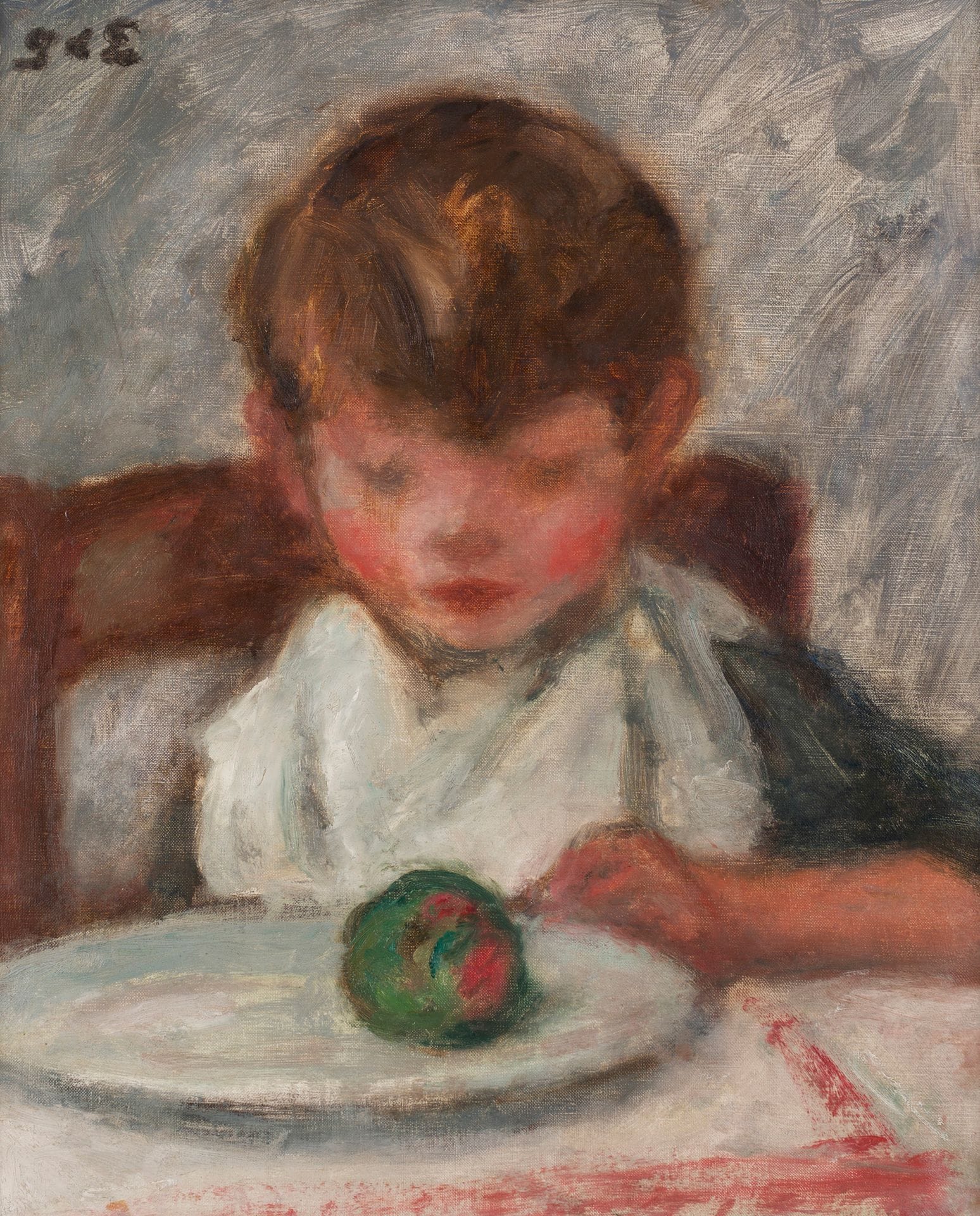 
Georges d’ESPAGNAT (1870-1950)



Enfant à la pomme, portrait de Bernard, fils de l’artiste



Huile sur toile.



Monogrammée en haut à gauche.



46 x 38 cm





Provenance : 



Collection du docteur George Viau.





Nous remercions Monsieur Jean-Dominique Jacquemond d’avoir confirmé l’authenticité de cette œuvre. Un certificat pourra être remis à la demande et à la charge de l’acquéreur.
