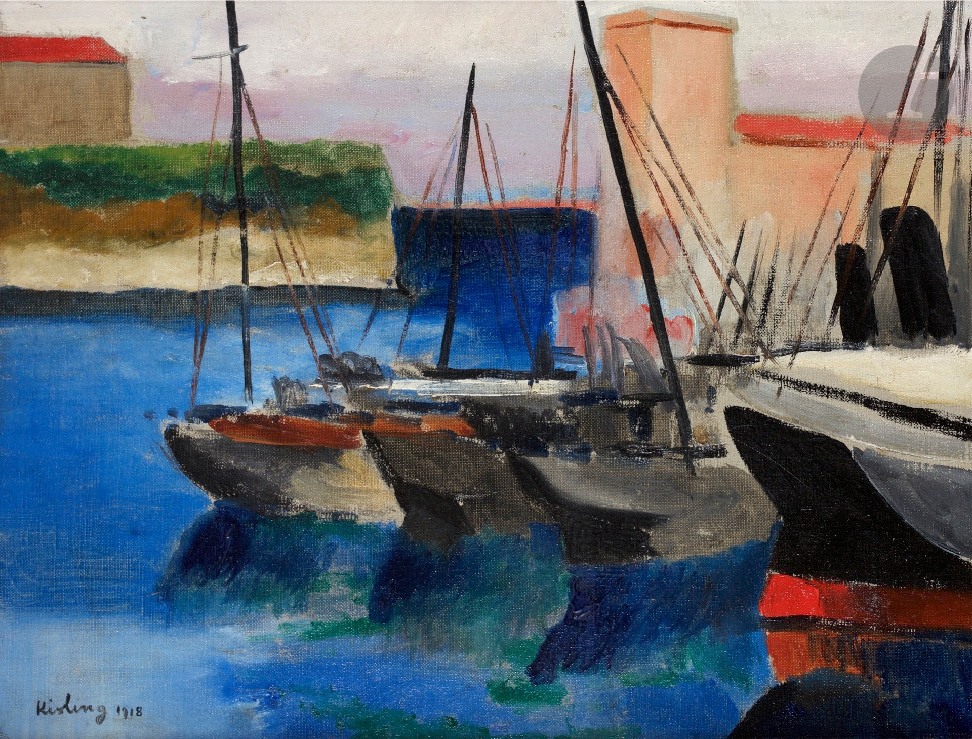 Moïse KISLING (1891-1953)
Le Port de Marseille, 1918
Huile sur toile.
Signée et datée en bas à gauche.
Signée, datée et située au dos.
27 x 35 cm

Provenance : 
- Collection Le Tallec (étiquette au dos sur le châssis).
- Vente Hôtel Georges V, Paris, 7 novembre 1990.
- Collection du docteur Philippe b. Ancel.

Bibliographie : 
Jean Dutourd, Kisling (1891-1953), Catalogue raisonné, Tome III, éditions Jean Kisling, 1995, n°56, reproduit p. 318.

Un certificat de Jean Kisling, en date du 15 septembre 1990, sera remis à l’acquéreur.