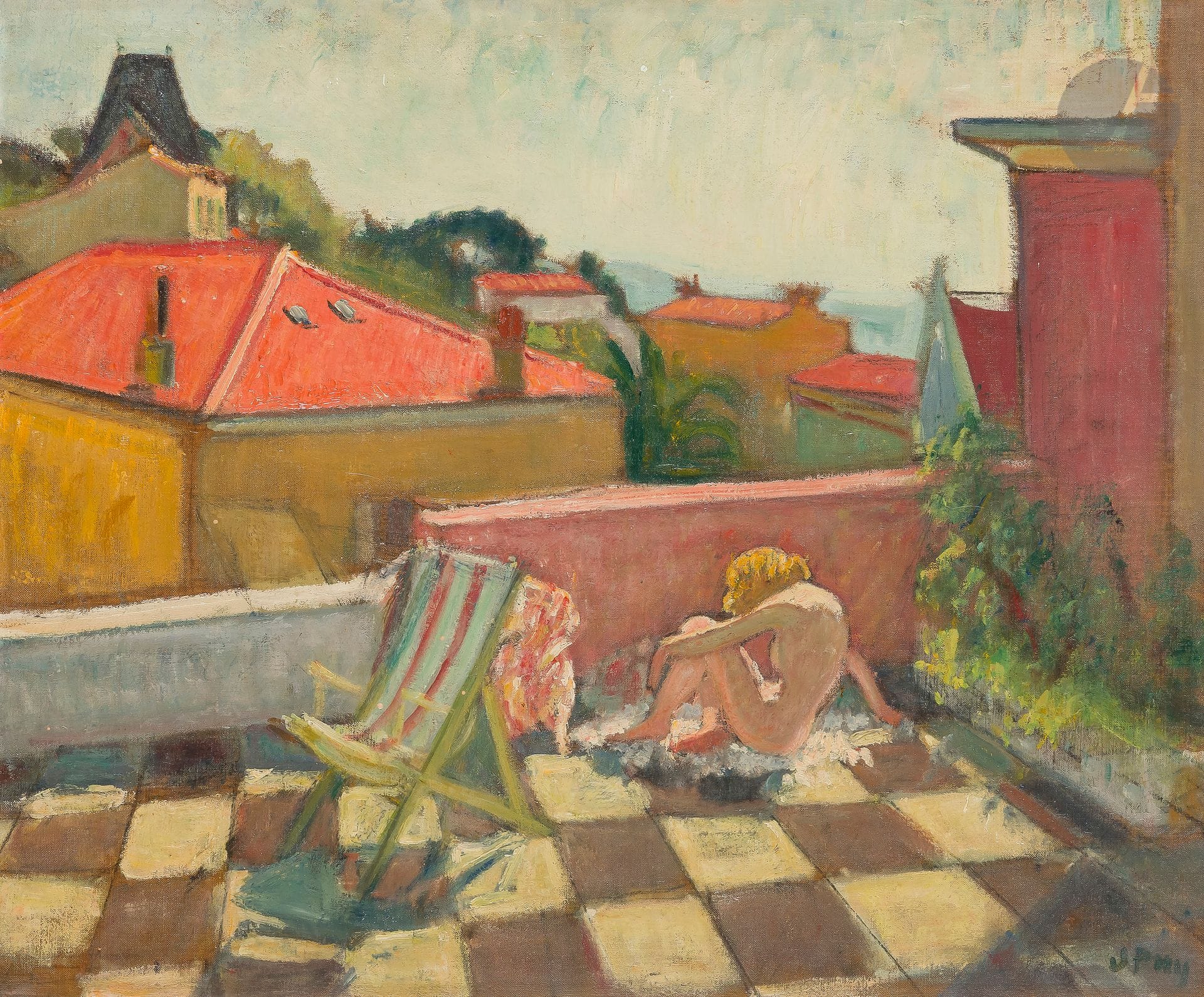 Jean PUY (1876-1960)
Nu sur la terrasse,1938
Huile sur toile.
Signée en bas à droite.
Datée et titrée au dos.
54 x 65 cm

Provenance : 
Vente Maître Blache, 11 juin 1975, n°64 (étiquette au dos).

Exposition :
Albert Marquet, Jean Puy, Crane Kalman Gallery, Londres, 1959.

Bibliographie : 
Catalogue raisonné de l’œuvre peint de Jean Puy (1876-1960), sous la direction de Suzanne Limouzi et Louis Fressonnet-Puy, Roanne, Les Amis de Jean Puy, 2001, reproduit, n°30415, daté de 1924.

Nous remercions Monsieur Hervé Labrid pour les informations qu’il nous a transmises.