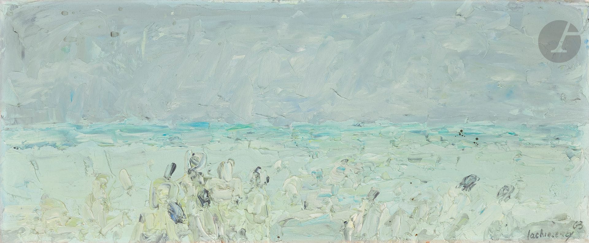 Henri LACHIEZE-REY (1927-1974)
La Plage et la mer, 1963
Huile sur toile.
Signée et datée en bas à droite.
Signée, datée et titrée au dos.
(Petits réseaux de craquelures).
20 x 50 cm

Provenance : 
- Galerie Saint-Georges, Lyon (étiquette sur le cadre).
- Collection de Madame H., Lyon.