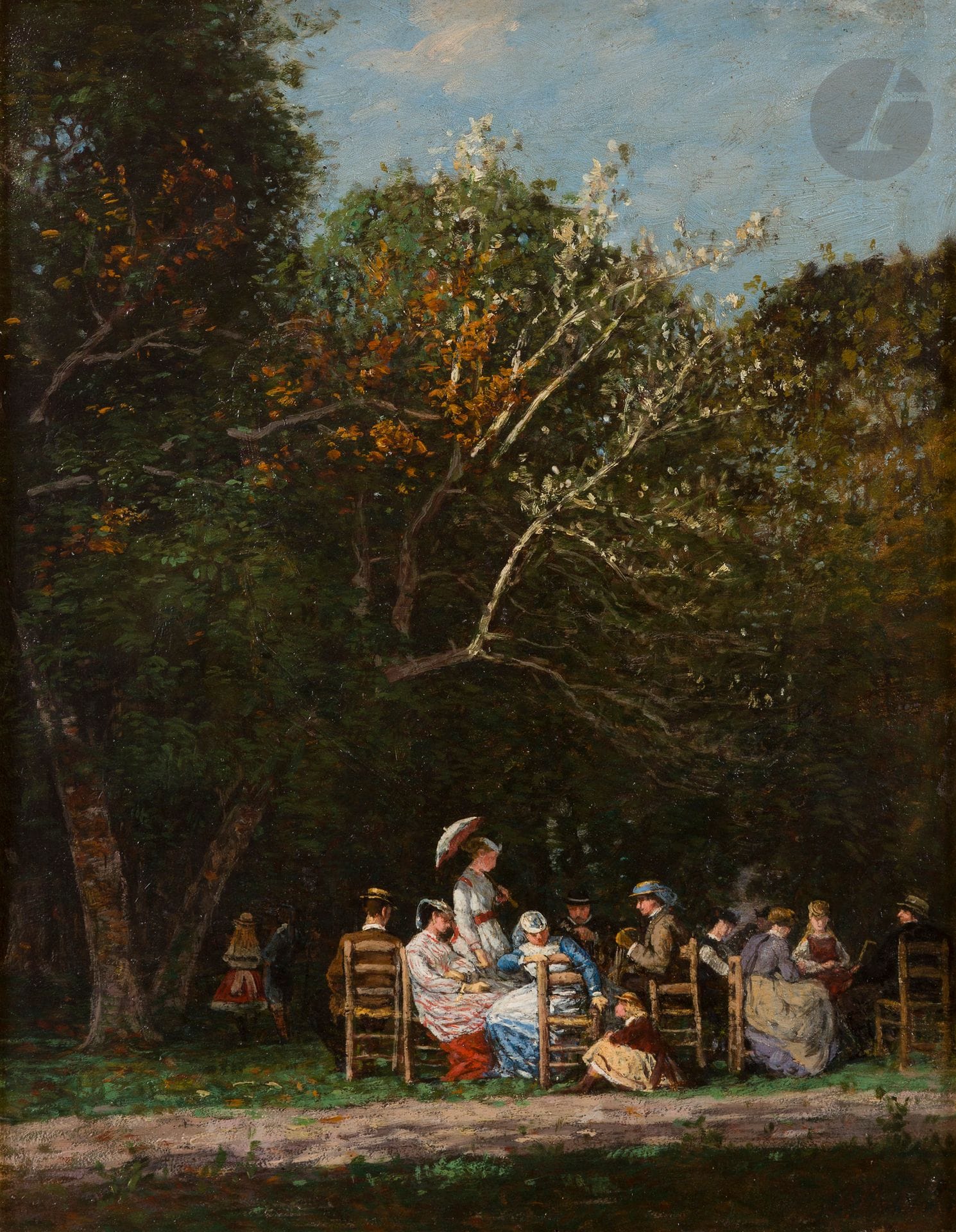 Alexandre DUBOURG (1825-1891)
Normandie, Déjeuner au parc
Huile sur panneau.
Signée en bas à droite.
37,5 x 28,5 cm

Provenance :
- Selon une annotation au dos de l’œuvre, le tableau aurait été gagné à la loterie de la Société Nationale des Beaux-Arts, le 6 avril 1869.
- Succession de Mme H., Paris.