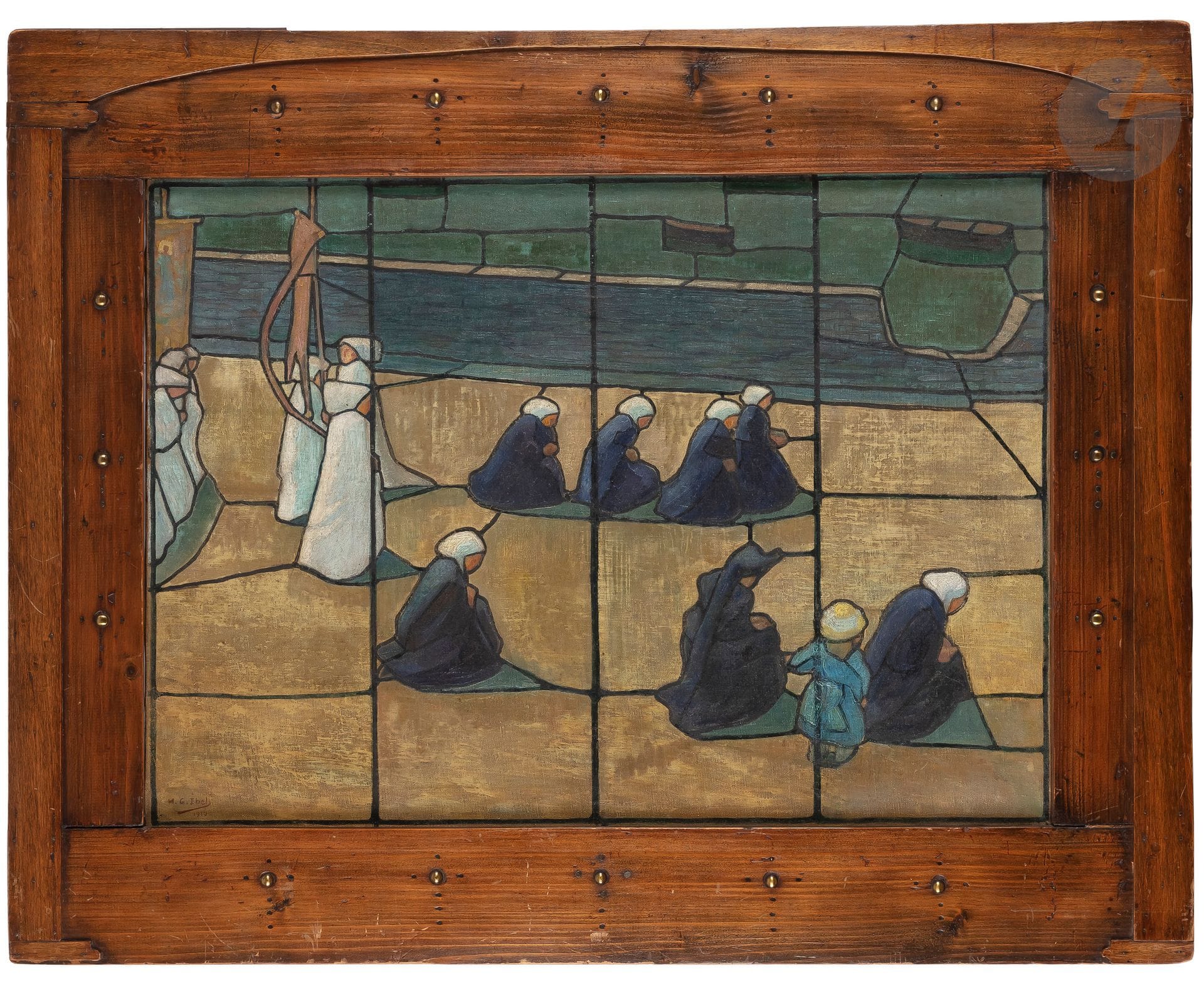 Henri Gabriel IBELS (1867-1936)
Le Pardon, 1910
Huile sur toile.
Signée et datée en bas à gauche.
Titrée au dos sur le châssis.
Étiquette d’exposition au dos : « N°143, M. Ibels ».
54 x 73 cm

Provenance : 
Probablement commandée auprès de l’artiste par André Antoine (1858-1943), propriétaire du théâtre Antoine à Paris, pour sa résidence secondaire à Camaret-sur-Mer.

Nous remercions Monsieur Antoine Laurentin qui nous a confirmé l’authenticité de cette œuvre, et qui l’inclura dans son catalogue raisonné actuellement en préparation.

Henri-Gabriel Ibels séjourne habituellement avec son ami Aristide Briand chez son autre ami Jean Ajalbert qui loue un manoir à Trédrez-Locquémeau. Notre peinture représente le site voisin de Saint-Michel-en-Grèves avec les femmes en costumes du Trégor.

Cette œuvre avec ses cernes noirs, à la manière d’un vitrail, est proche dans le traitement d’un dessin reproduit dans l’Assiette au beurre du 1er septembre 1906, n°283.