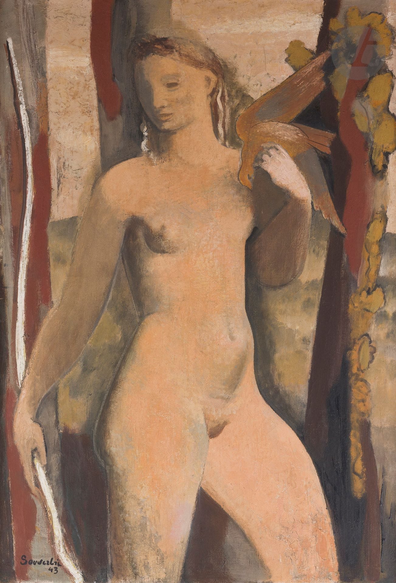 Jean SOUVERBIE (1891-1981)
Diane chasseresse, 1943
Huile sur toile.
Signée et datée en bas à gauche.
116 x 81 cm

Provenance : 
Collection Jean-Paul Bray. Par descendance. 

Exposition : 
Souverbie 1891-1981, Grenier à sel, Honfleur, juillet-août 1983, n°15.

Nous remercions Monsieur Frédéric Souverbie d’avoir confirmé l’authenticité de cette œuvre.