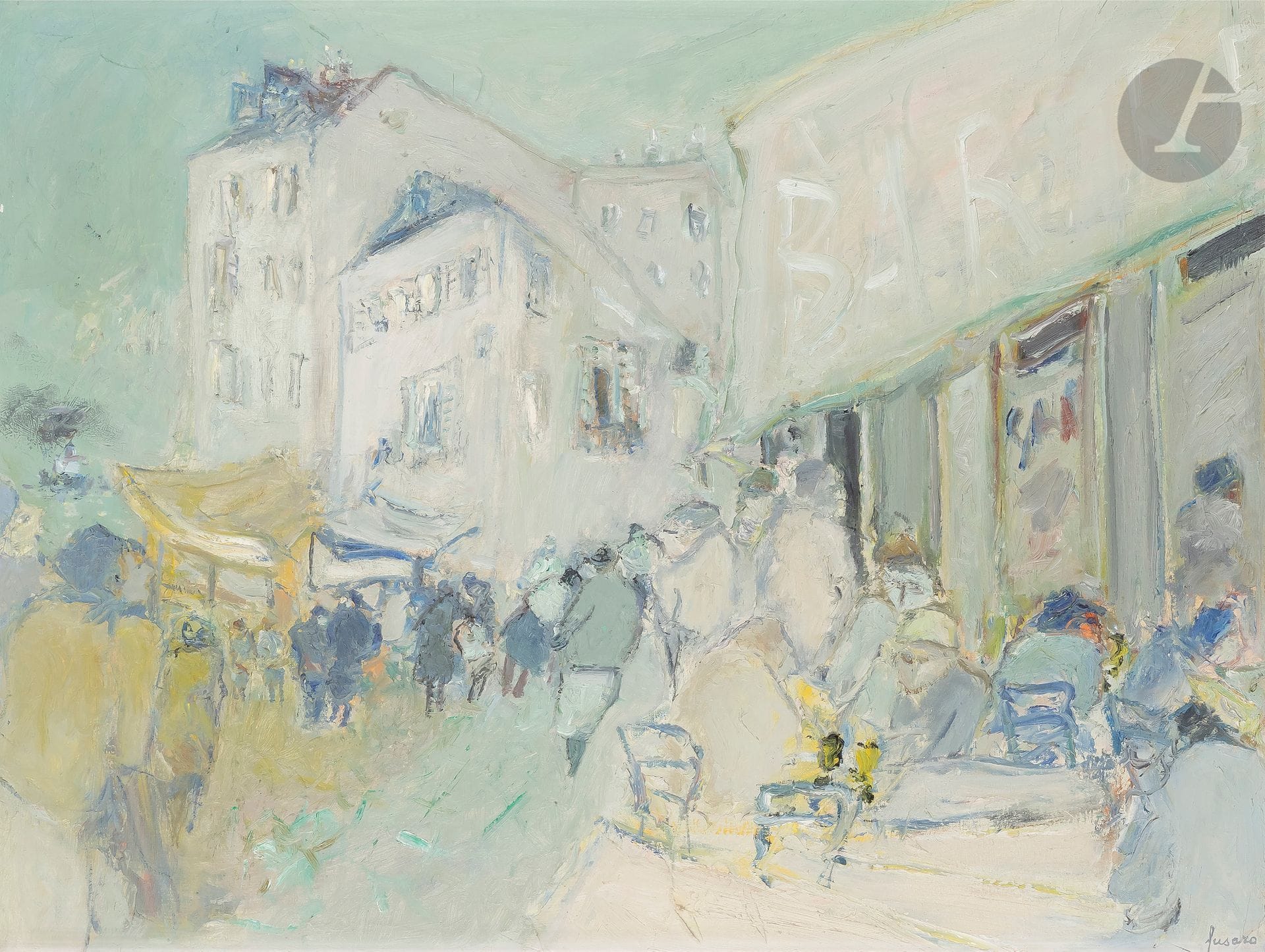 Jean FUSARO (né en 1925)
Rue à Palais
Huile sur toile.
Signée en bas à droite.
Signée et titrée au dos.
46 x 61 cm

Provenance : 
Collection de Madame H., Lyon.