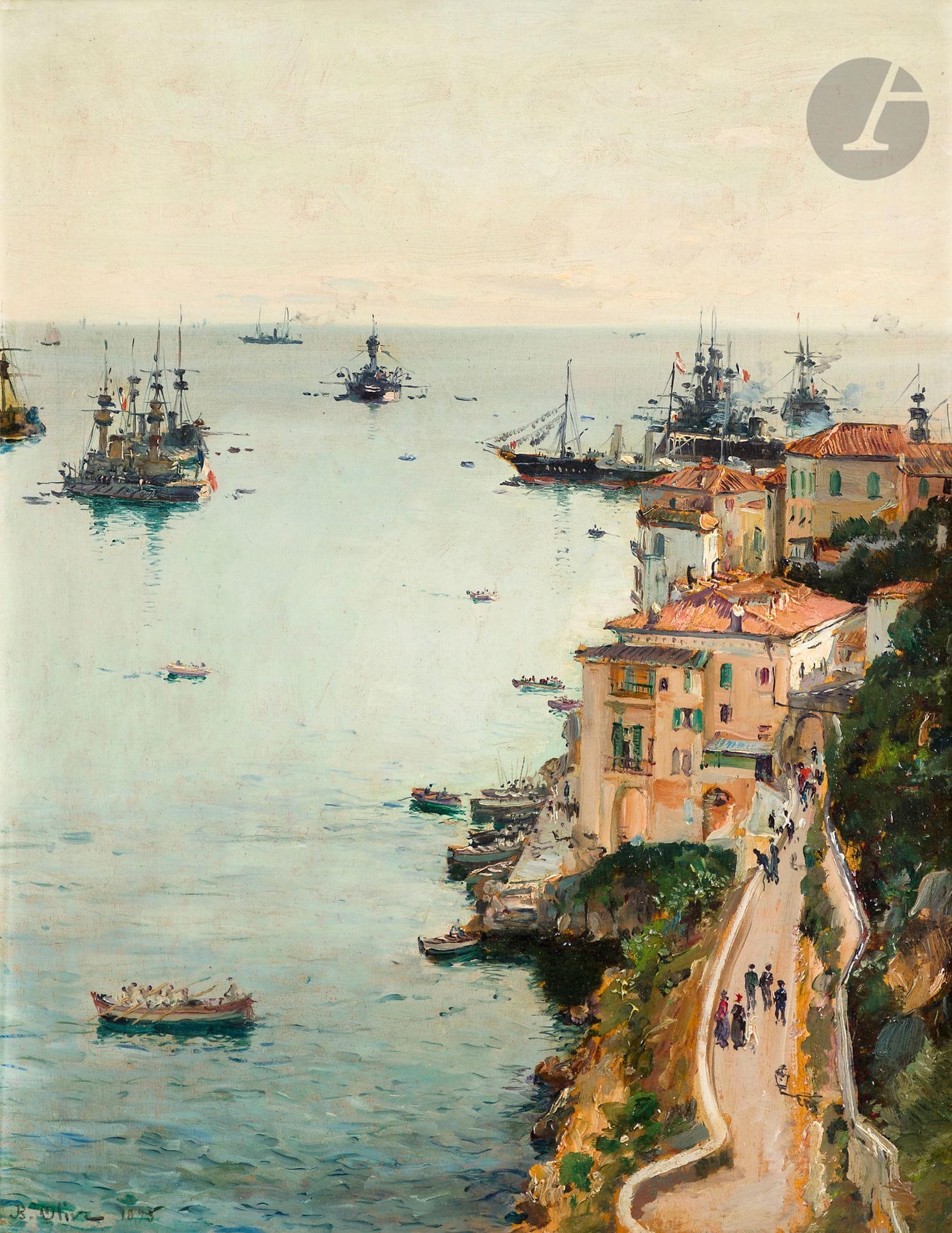 Jean-Baptiste OLIVE (1848-1936)
Villefranche-sur-Mer, La Rade, Étude pour le soir, 1893
Huile sur panneau.
Signée et datée en bas à gauche. 
Annotation au dos à la plume : « Salon de 1893 ».
41 x 32 cm

Cette œuvre est une étude pour Le Soir, rade de Villefranche, exposée au salon des Artistes Français de 1893 (Franck Baille, Magali Renaud, Jean-Baptiste Olive : prisme de lumière, Catalogue raisonné, Marseille, Fondation Regards de Provence, 2008, n°122, reproduit p. 146).
