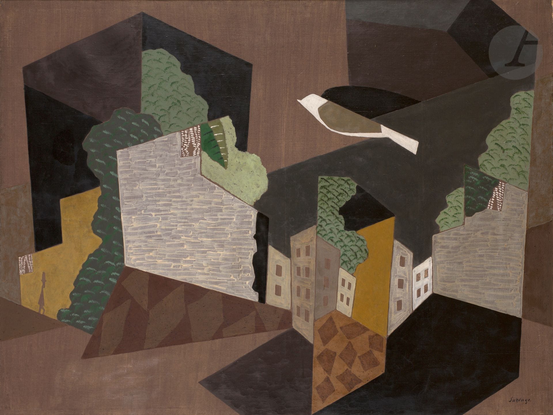 Léopold SURVAGE (1879-1968)
Homme et oiseau dans la ville
Huile sur toile.
Signée en bas à droite.
97 x 130 cm

Provenance : 
- Galerie Louis Carré, Paris (étiquette au dos).
- Collection particulière, Neuilly-sur-Seine.

Un certificat de Madame Anne-Marie Divieto sera remis à l’acquéreur.