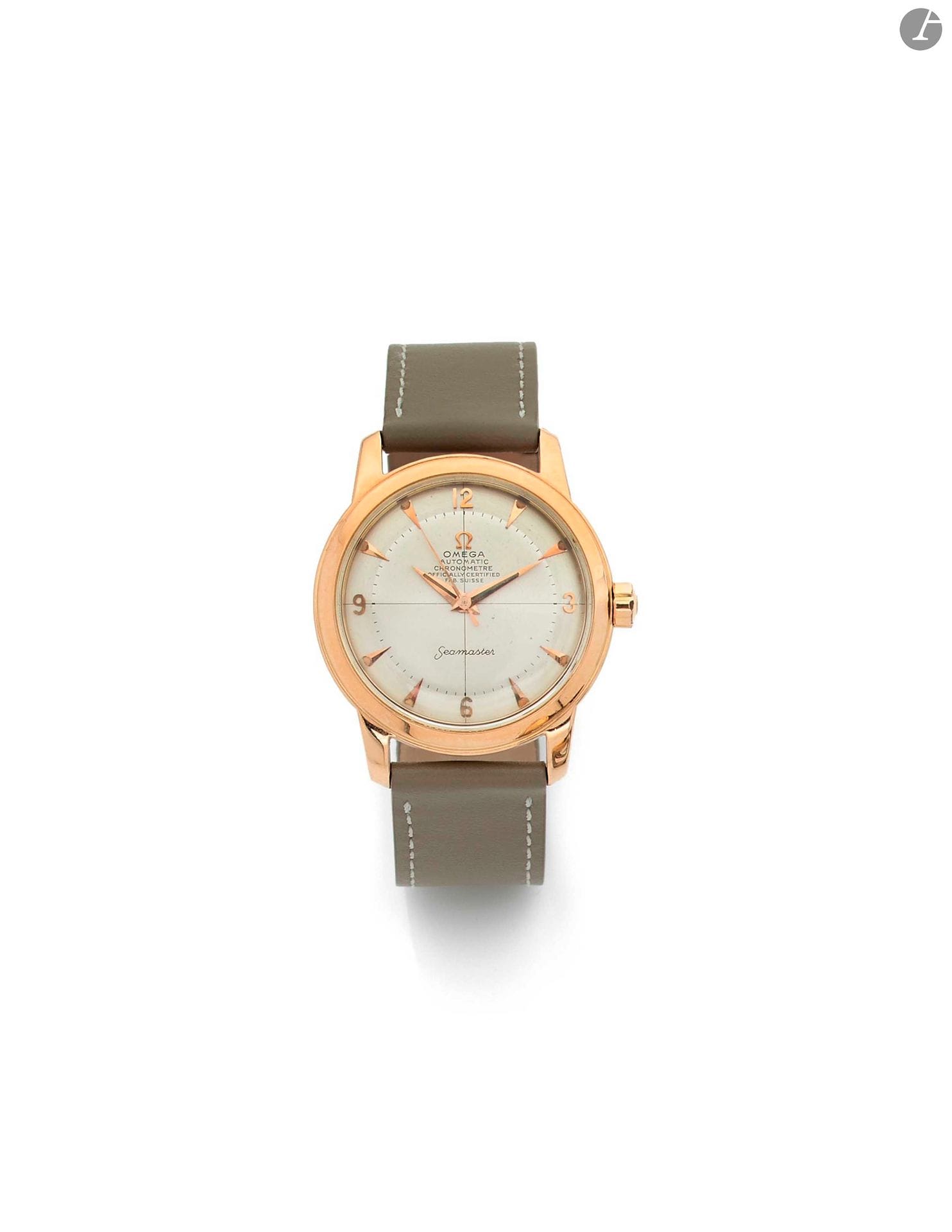 OMEGA. SEAMASTER. Années 50{CR}Montre bracelet en or rose 18K (750) sur cuir. Boîtier rond. Fond vissé. Cadran argenté avec index flèche appliqués, aiguilles dauphine et seconde centrale. Mouvement automatique à butée, certifié chronomètre. {CR}Bracelet cuir avec boucle ardillon rapportée. {CR}Signée et numérotée. {CR}Diamètre : 35 mm{CR}Poids brut : 50 g