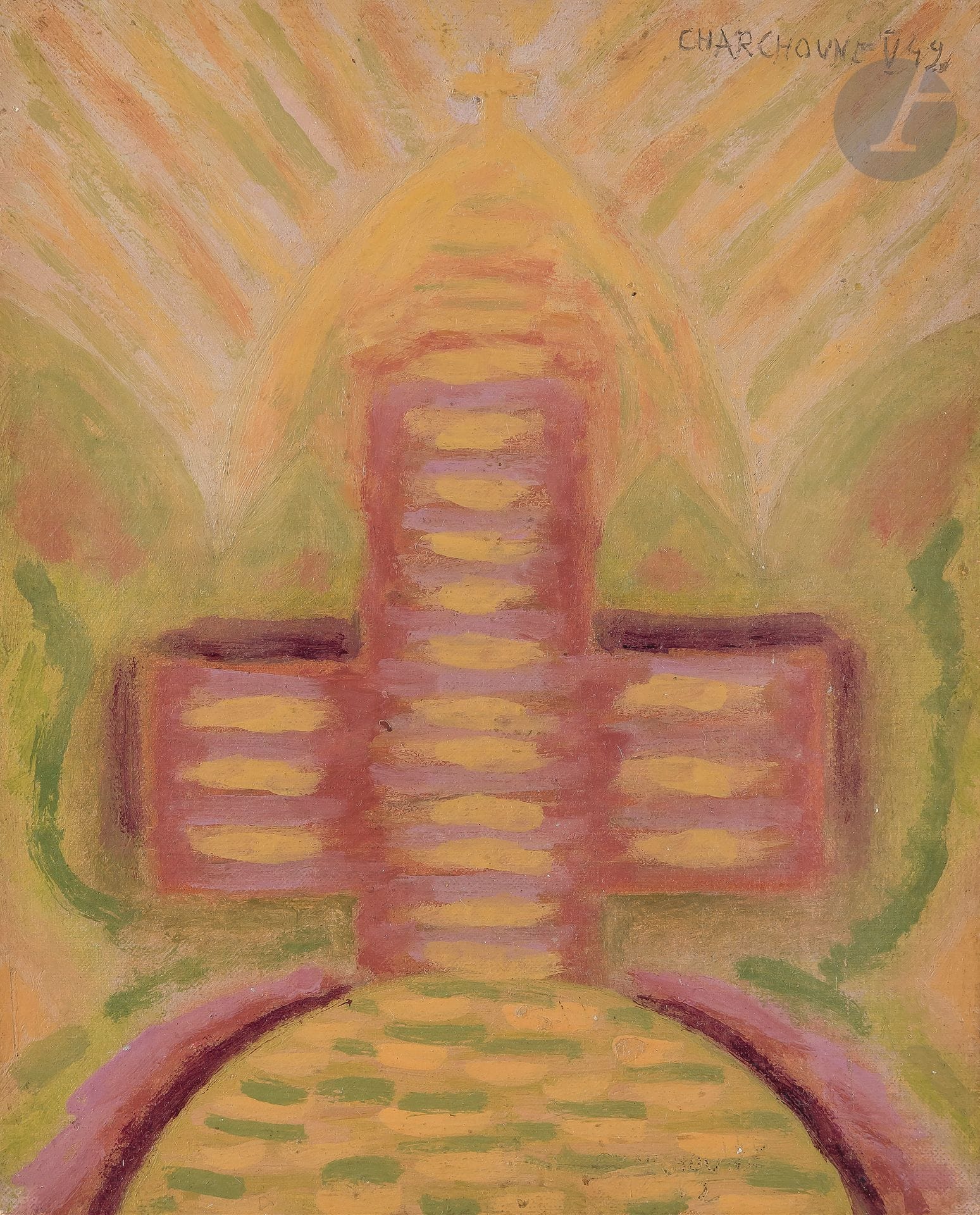 Serge CHARCHOUNE [russe] (1888-1975)
La Croix de Montmartre, 1942
Huile sur carton.
Signée et datée en haut à droite.
24 x 19 cm

Provenance : 
Collection particulière, Milan, Italie.

Bibliographie : 
Raymond Creuze, Serge Charchoune, Tome 2, Paris, Éditions Raymond Creuze, 1976, n°613, reproduit p. 188.