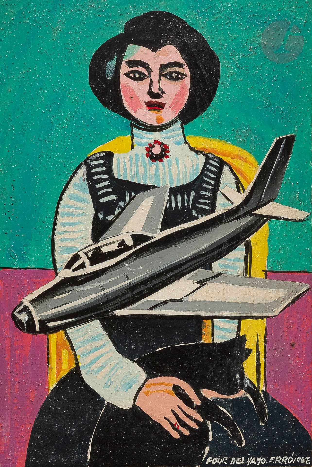 Guðmundur Guðmundsson, known as ERRÓ [Icelandic] (born in 1932)
Jet, 1967
Oil on panel.
Signed, dated and dedicated lower right.
15 x 10 cm

Provenance : 
Private collection, Geneva.

Bibliography: 
Erró, catalogo generale, Volume 1, Milan, Editions Pre-Art, 1976, no. 16, reproduced on p. 113 (erroneous dimensions in the catalog).