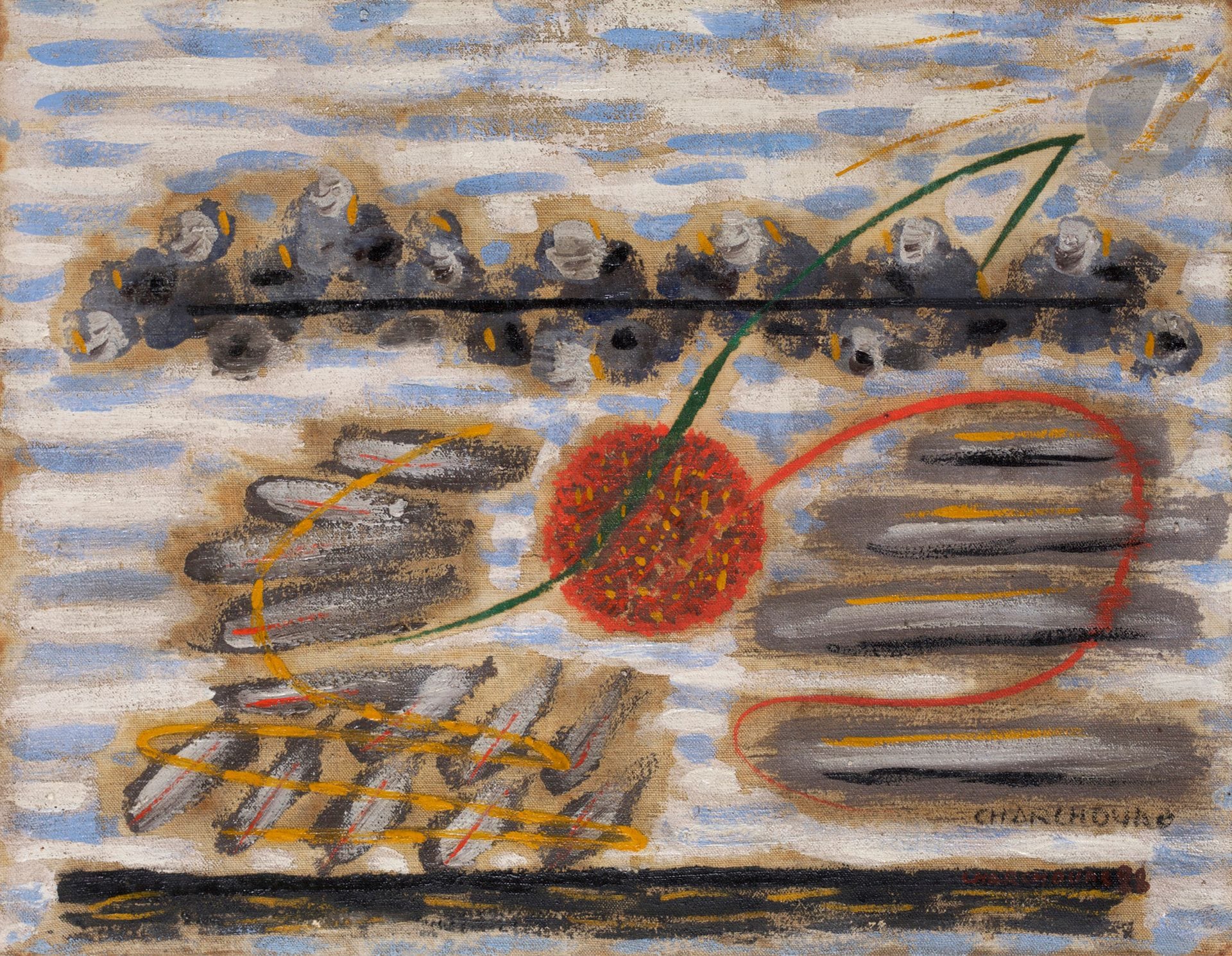 Serge CHARCHOUNE [russe] (1888-1975)
Le Soleil, 1928
Huile sur toile.
Signée (2 fois) et datée en bas à droite.
Signée et titrée au dos.
27 x 35 cm

Provenance : 
- Collection particulière, Paris.
- Vente Millon, Drouot, Paris, 23 mars 2005, n°505, reproduit p. 161.
- Galerie Thessa Herold, Paris.

Expositions : 
- Charchoune, Soixante années d’avant-garde, Galerie de Seine, Paris, 1976.
- Serge Charchoune - Soleil russe, Galerie Thessa Herold, Paris, 2007, n°14, reproduit p. 61.

Bibliographie : 
- Pierre Guénégan, Charchoune, catalogue raisonné 1925-1930, Éditions Lanwell & Leeds Ltd, n°1928/058, reproduit p. 219.
- Auteurs, Tome 3, introduction par Monique Sebbag, Madrid, Éditions del Umbral, 2015, reproduit p. 811.