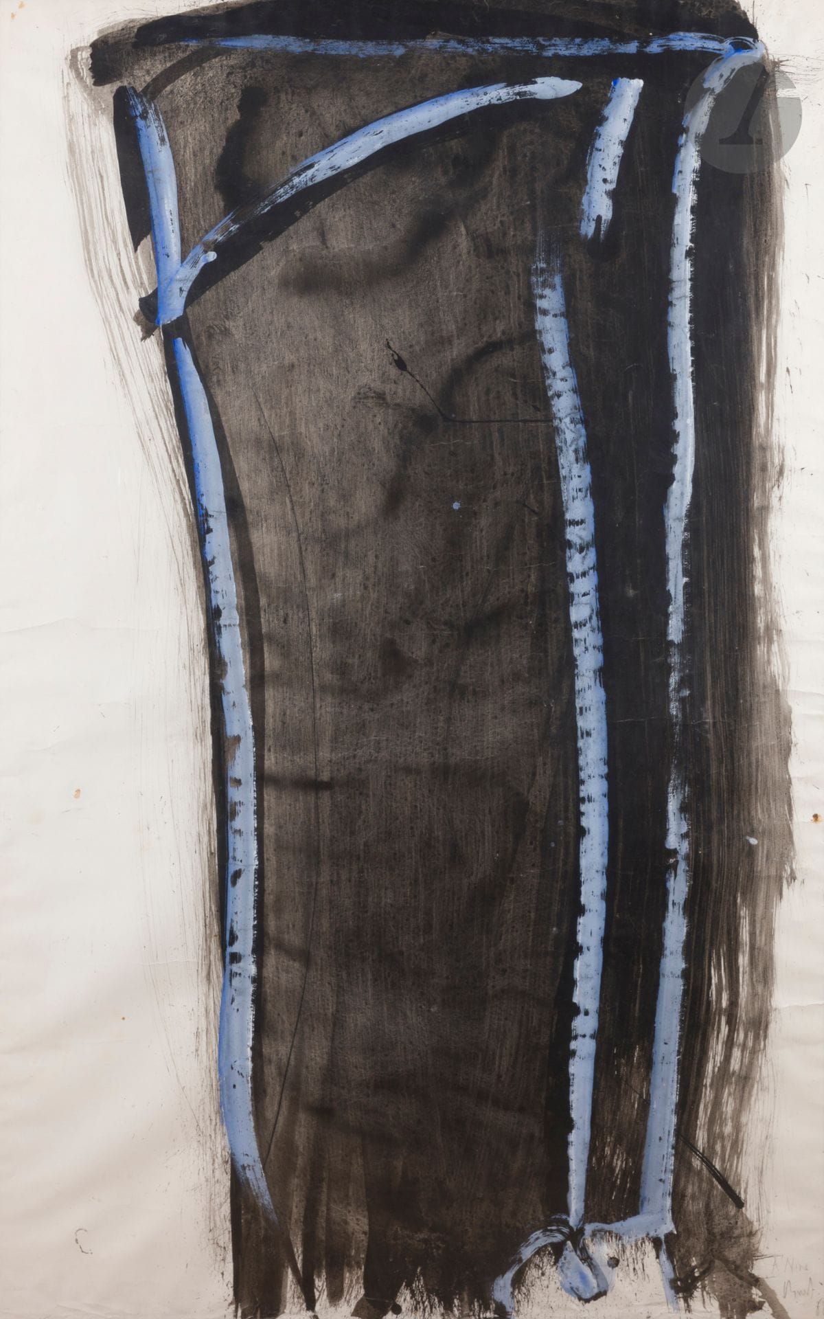 Olivier DEBRÉ (1920-1999)
Signe personnage, 1968
Encre et gouache.
Signée, datée et dédicacée « À Nine » en bas à droite.
Datée et titrée au dos.
(Plis, déchirures).
150 x 95 cm

Un certificat de Madame Debré-Huerre, en date du 28 septembre 2022, sera remis à l’acquéreur.