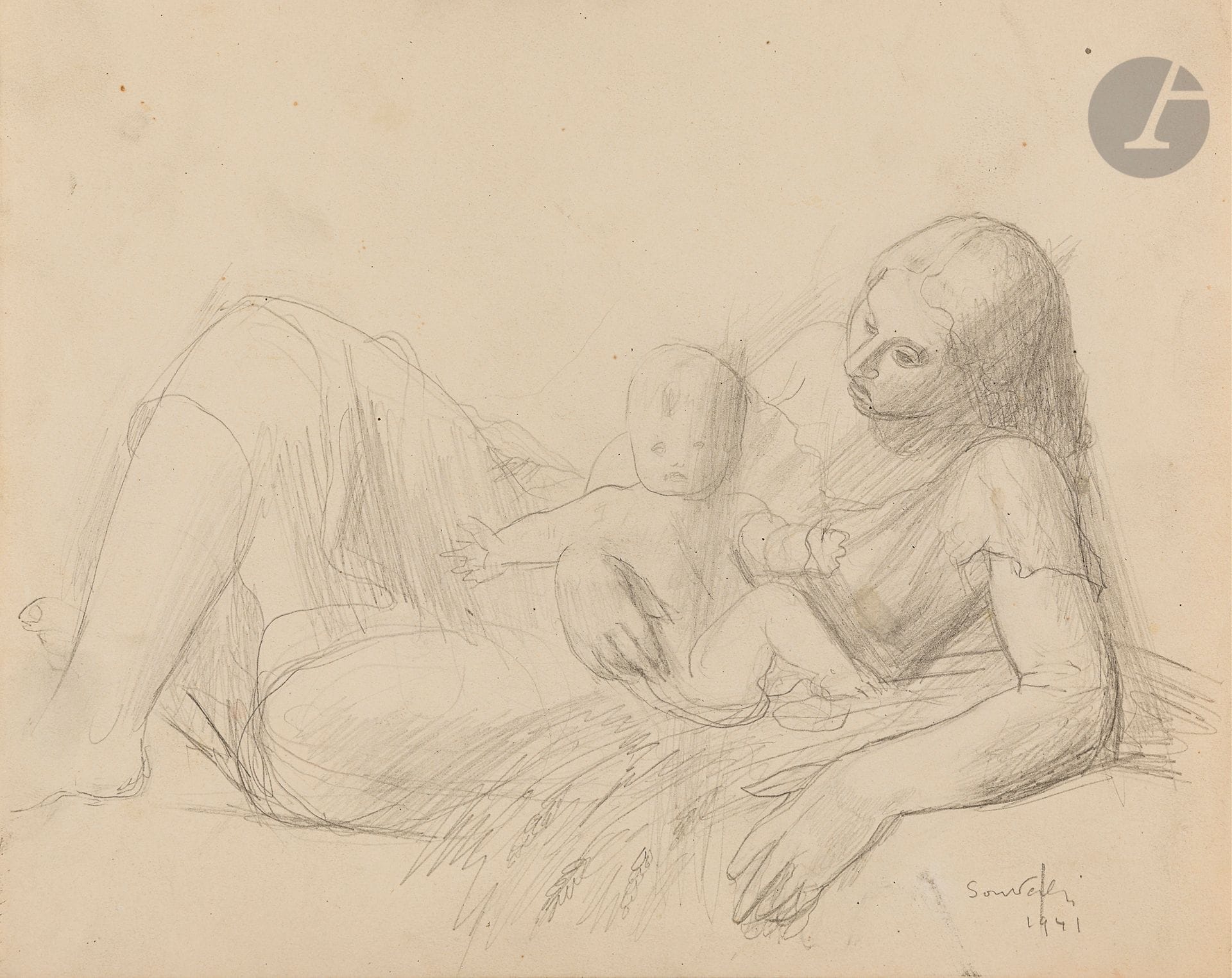 Jean SOUVERBIE (1891-1981)
Femme à l’enfant, 1941
Mine de plomb et estompe.
Signée et datée en bas à droite.
21 x 27 cm

Provenance :
Collection Jean-Paul Bray. Par descendance.

Nous remercions Monsieur Frédéric Souverbie d’avoir confirmé l’authenticité de cette œuvre.
