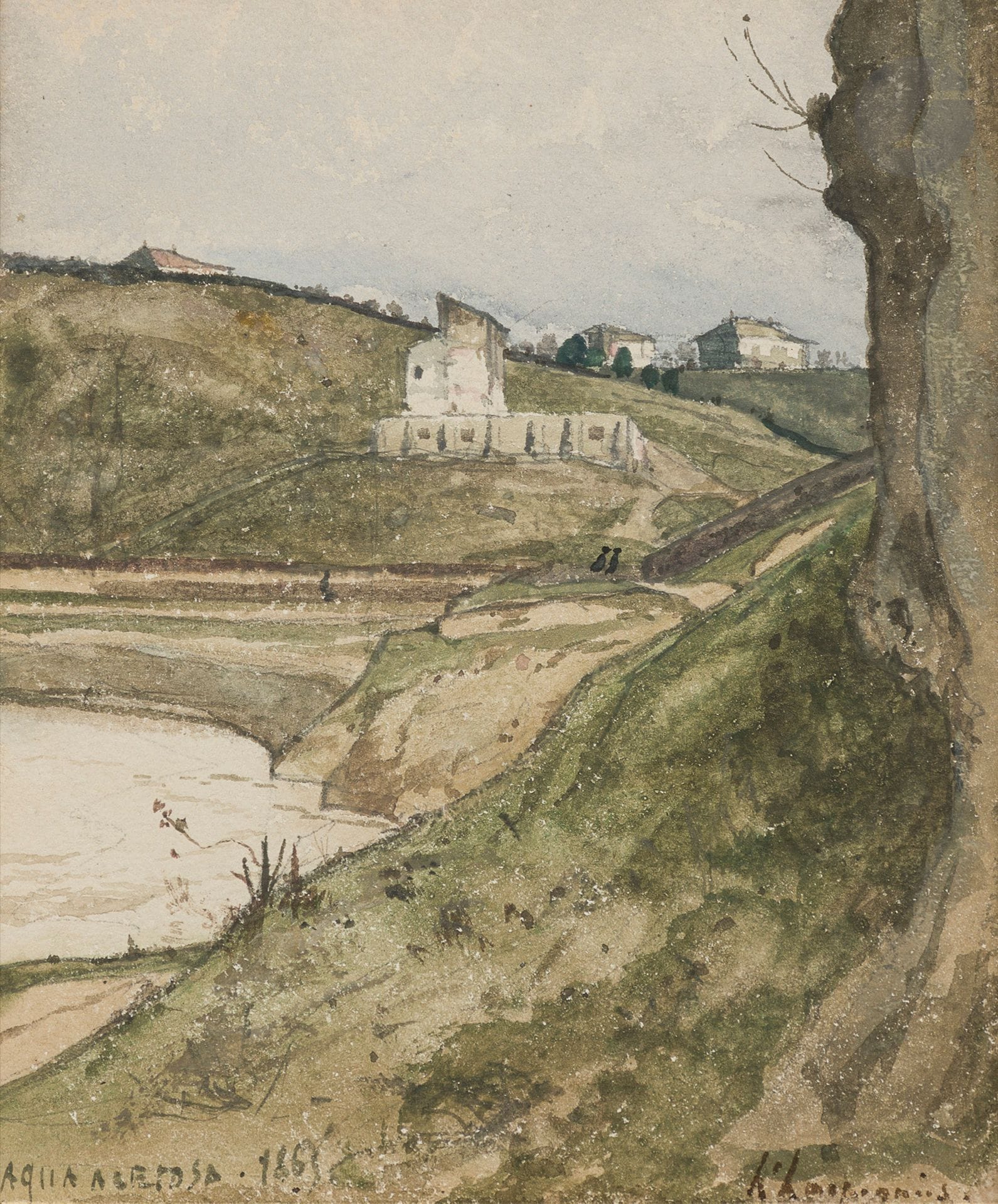 Henri Joseph HARPIGNIES (1819-1916)
Vue de la campagne romaine à « Acqua Acetosa », 1863
Aquarelle sur traits de crayon noir.
Signée en bas à droite, située et datée en bas à gauche.
(Quelques légères épidermures).
20,3 x 17 cm

Cette œuvre sera incluse au catalogue raisonné en préparation par Monsieur Jean-Pierre Cappoen.
Nous remercions Monsieur Cappoen pour les informations qu’il nous a transmises.