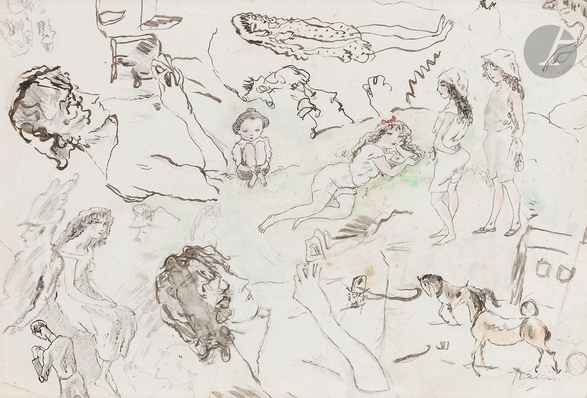 Julius Pincas dit PASCIN (1885-1930
)Child, women, horses - Study sheetInk
, watercolor and scratch.
Stamped lower right
(folds).
18 x 26 cm

We thank Mrs Rosemarie Napolitano for confirming the authenticity of this work

.





